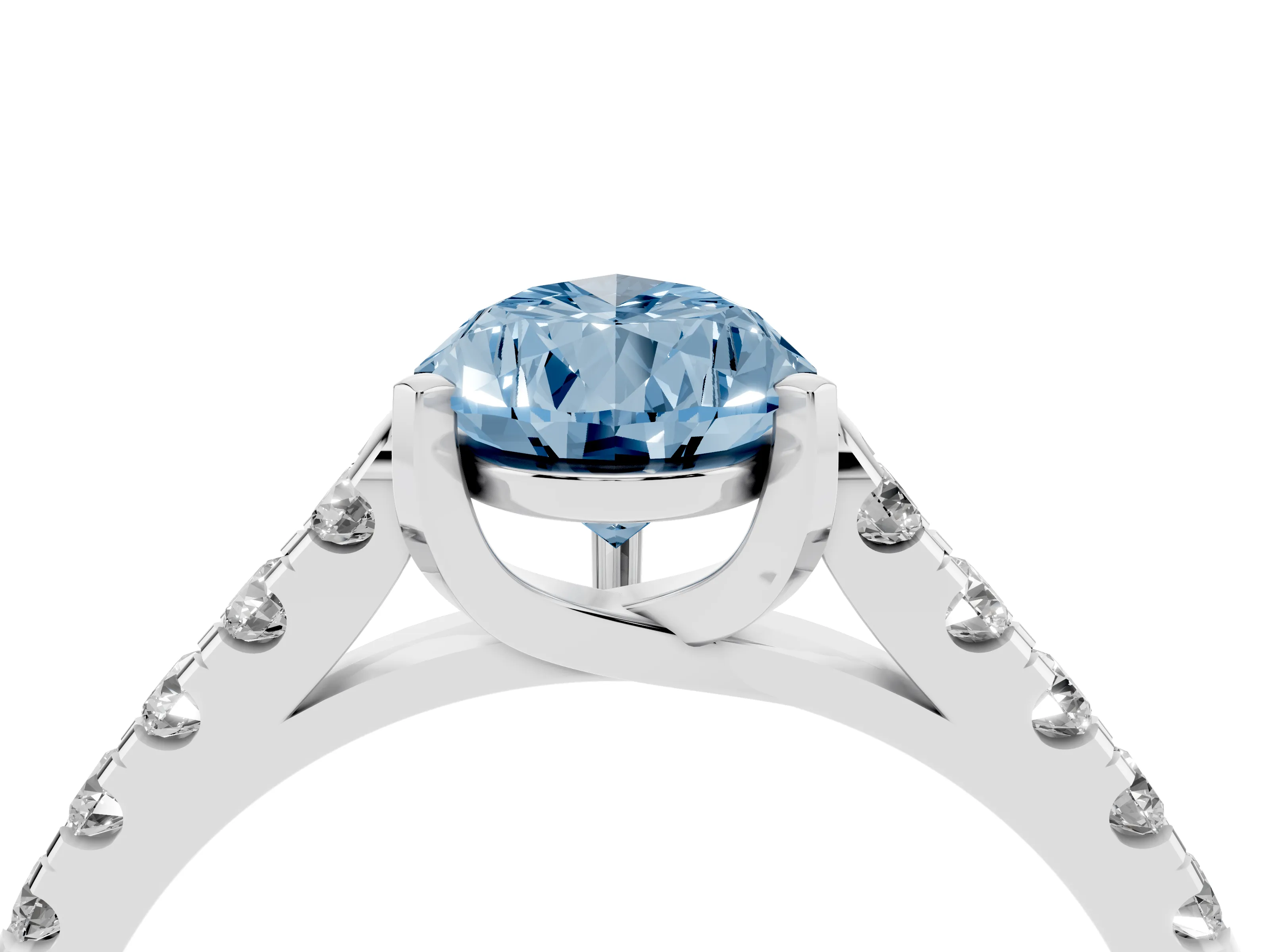 Fancy Blue Pear Cut Diamond Pavé Band Solitaire Ring Set in White gold with Partway Accent Stones and Prong Setting