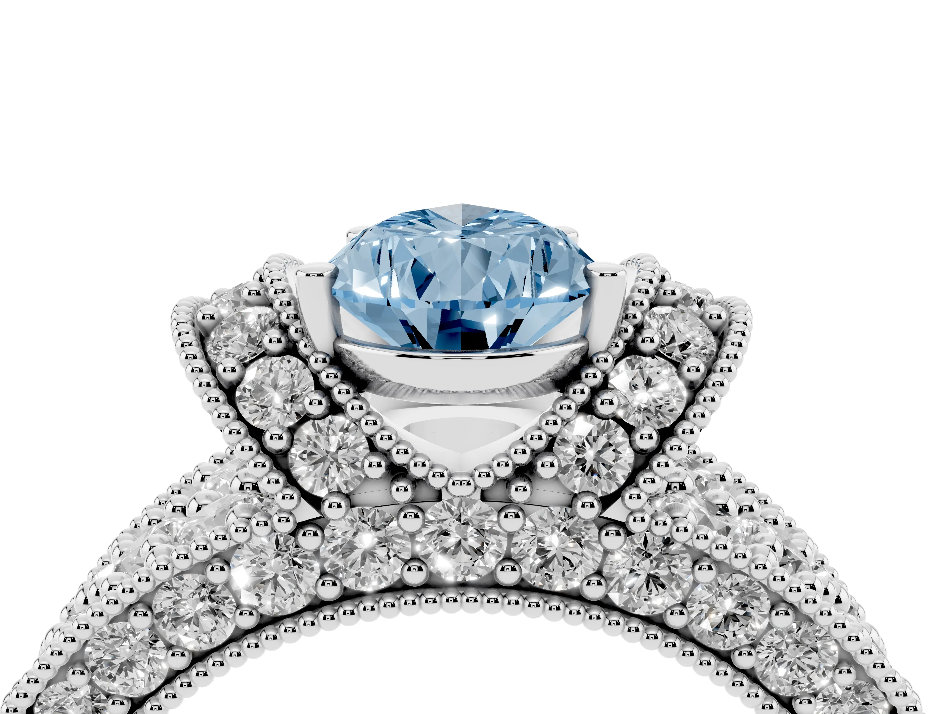 Fancy Blue Pear Cut Diamond Milgrain Halo Pavé Engagement Ring Set in White gold with Prong Setting