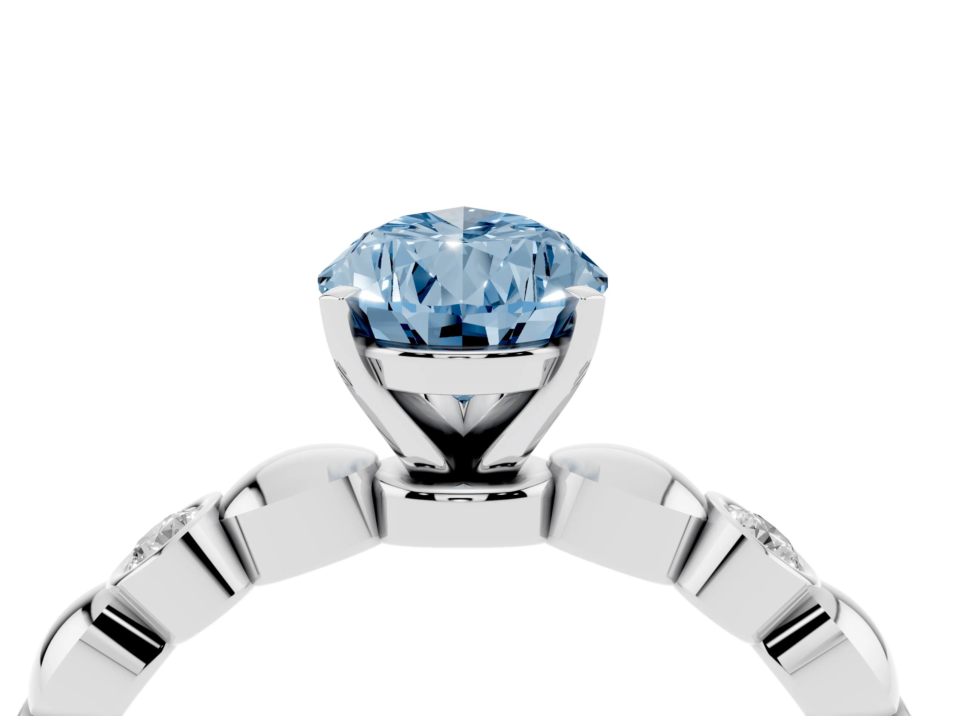 Fancy Blue Pear Cut Diamond Solitaire Ring Set in Silver with Bezel-Set Accents on Beaded Band and Prong Setting