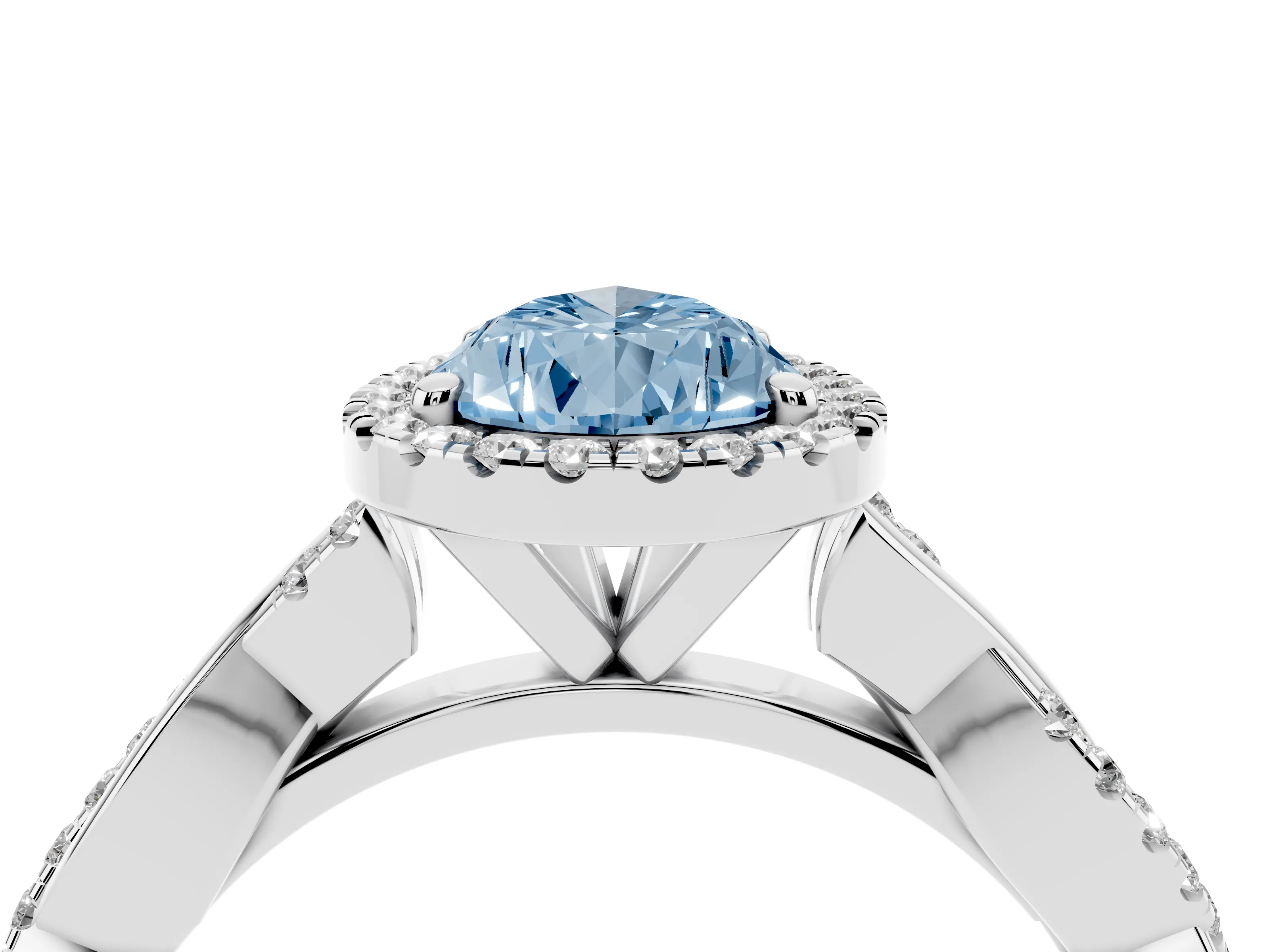 Fancy Blue Pear Cut Diamond Halo Twisted Band Ring Set in Platinum with Prong Setting