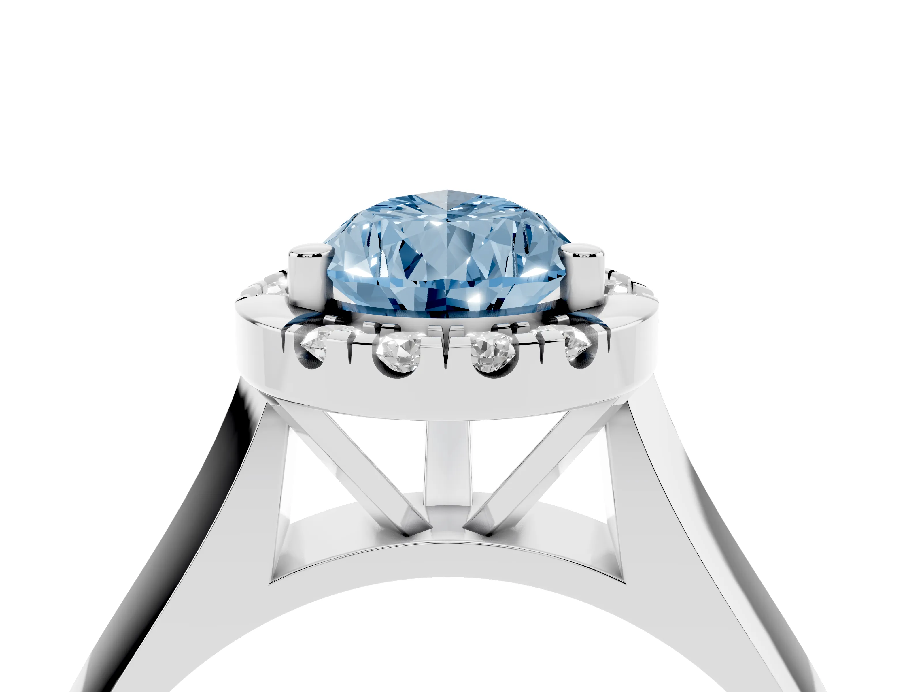 Fancy Blue Pear Cut Diamond Halo Solitaire Engagement Ring Set in Silver with Square Band and Prong Setting