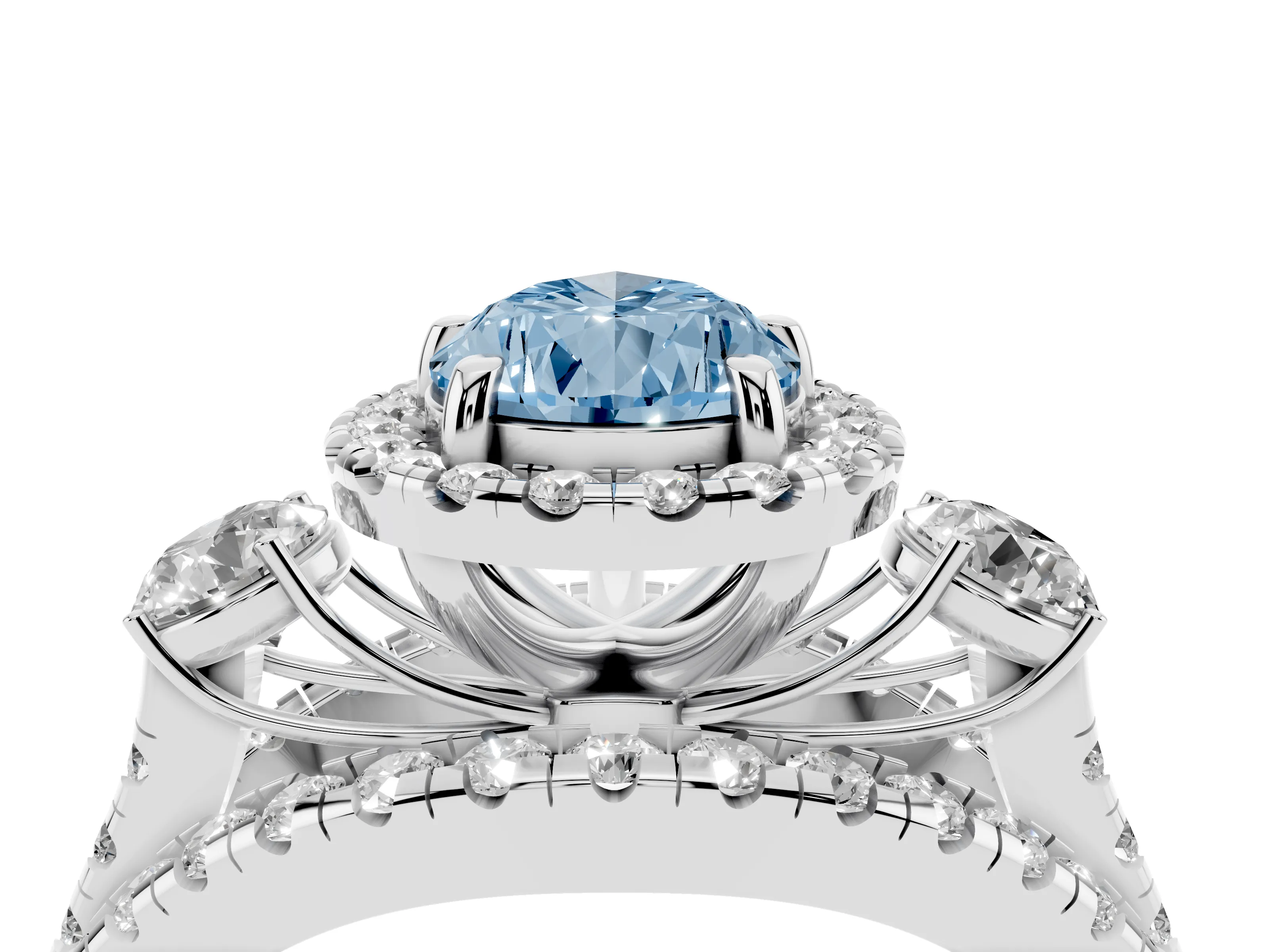 Fancy Blue Pear Cut Diamond Halo Split Shank Ring Set in Platinum with Round Accent Stones and Prong Setting