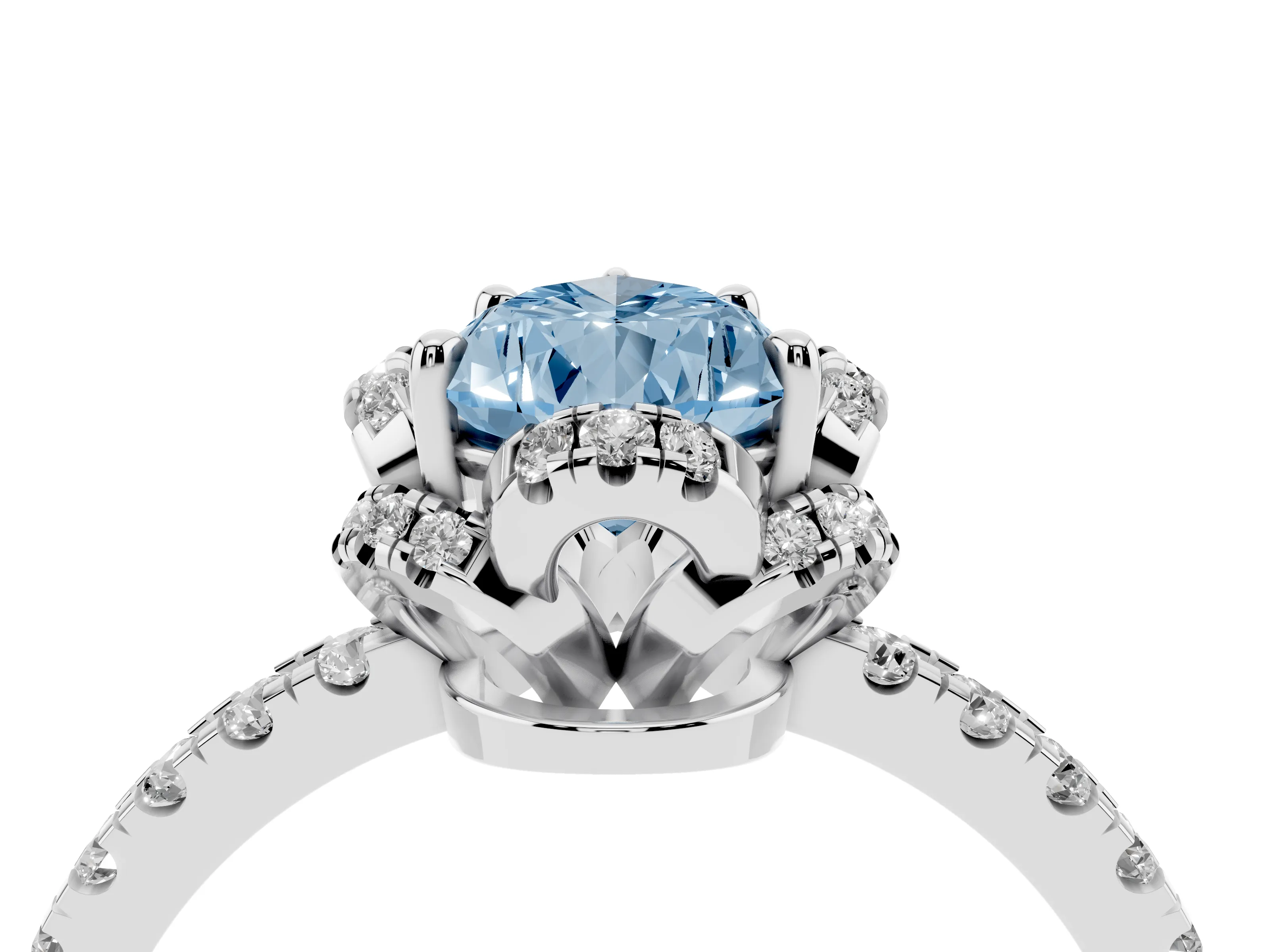 Fancy Blue Pear Cut Diamond Halo Pavé Band Ring Set in Silver with Prong-Held Center