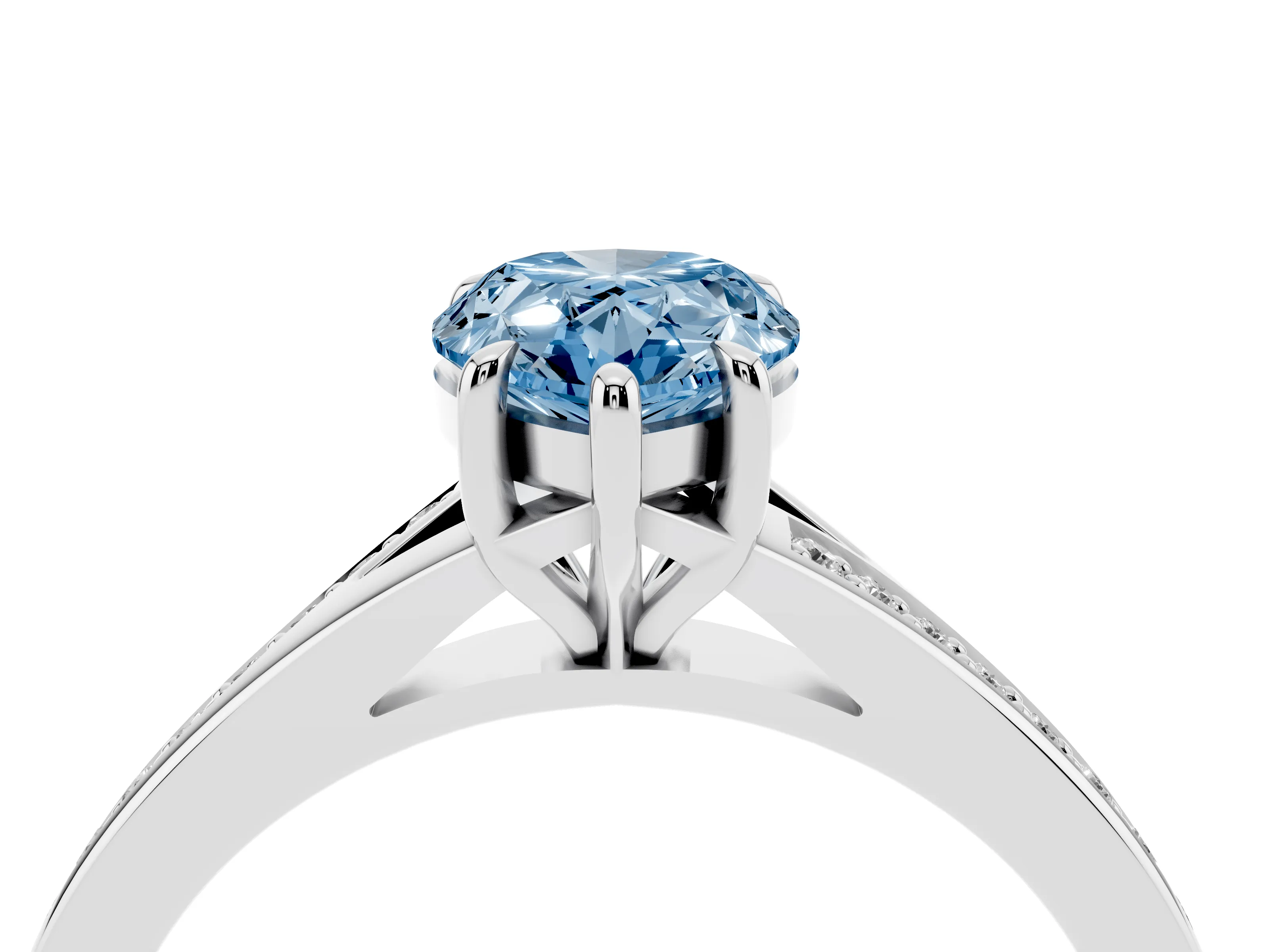 Fancy Blue Pear Cut Diamond Solitaire Ring Set in White gold with Pavé Accent Band and Classic Prong Setting