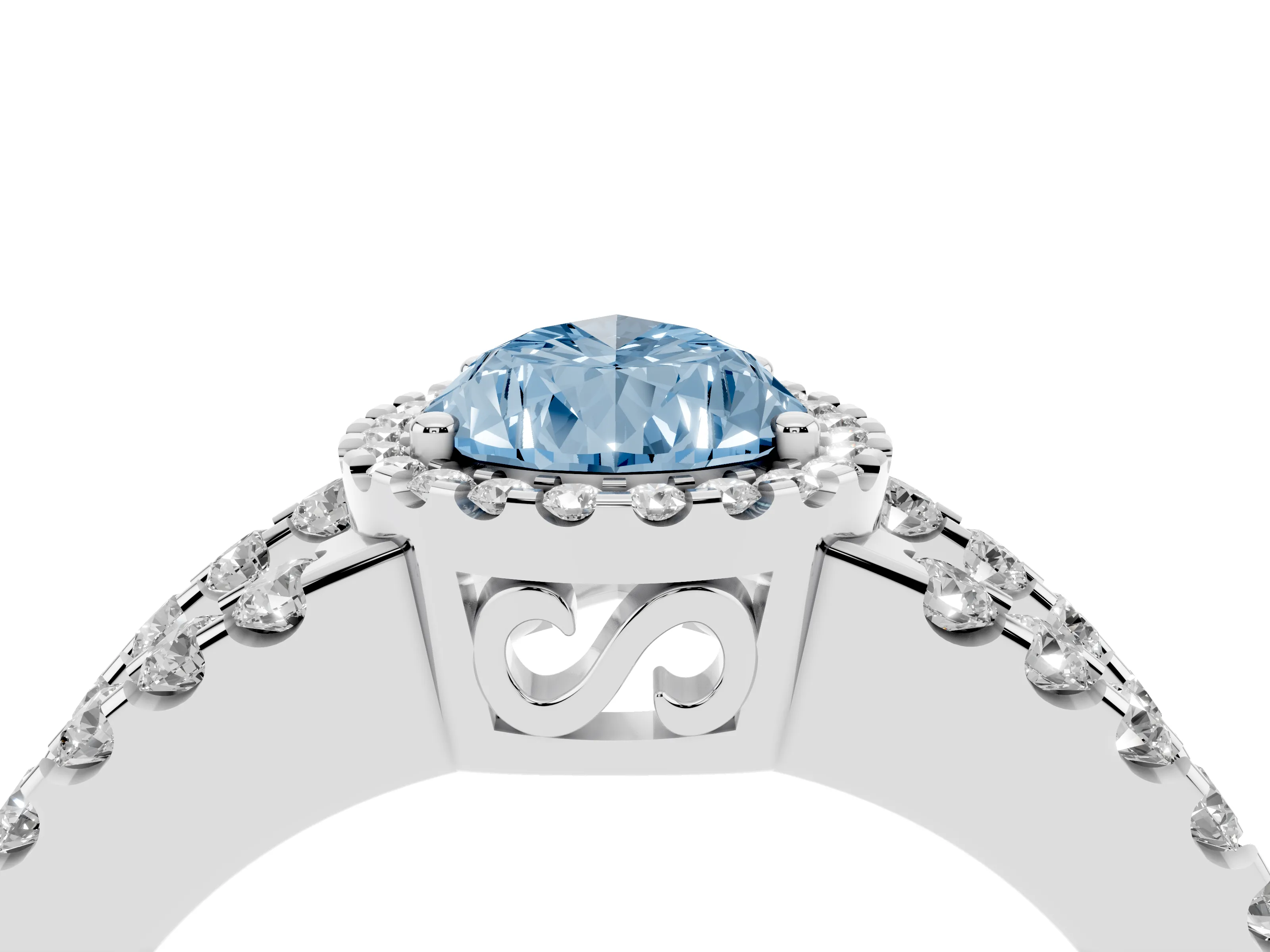 Fancy Blue Pear Cut Diamond Halo Ring Set in White gold with Pavé Split Shank and Prong Setting