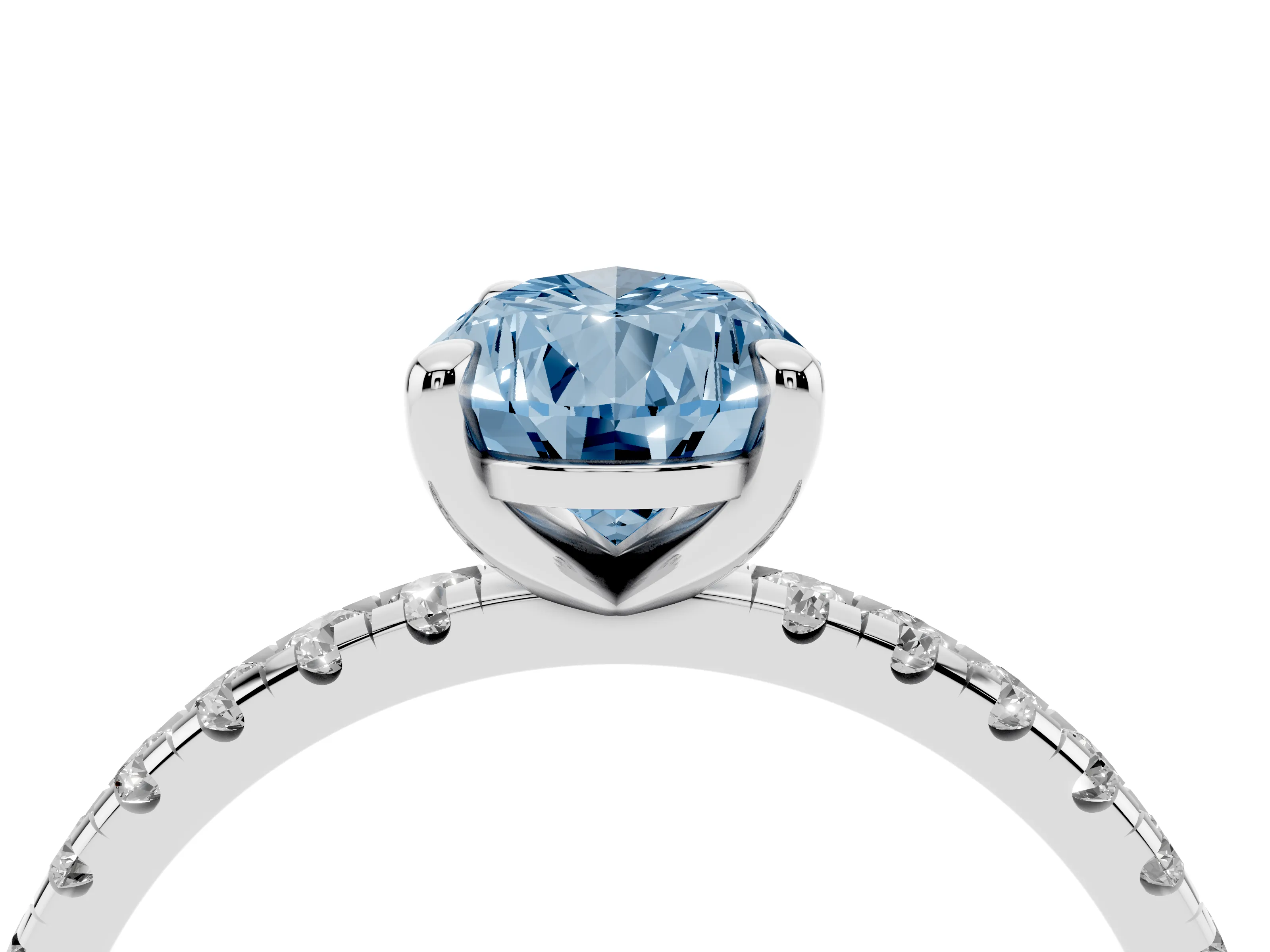 Fancy Blue Pear Cut Diamond Brilliant Solitaire Ring Set in White gold with Pavé Band and Prong Setting