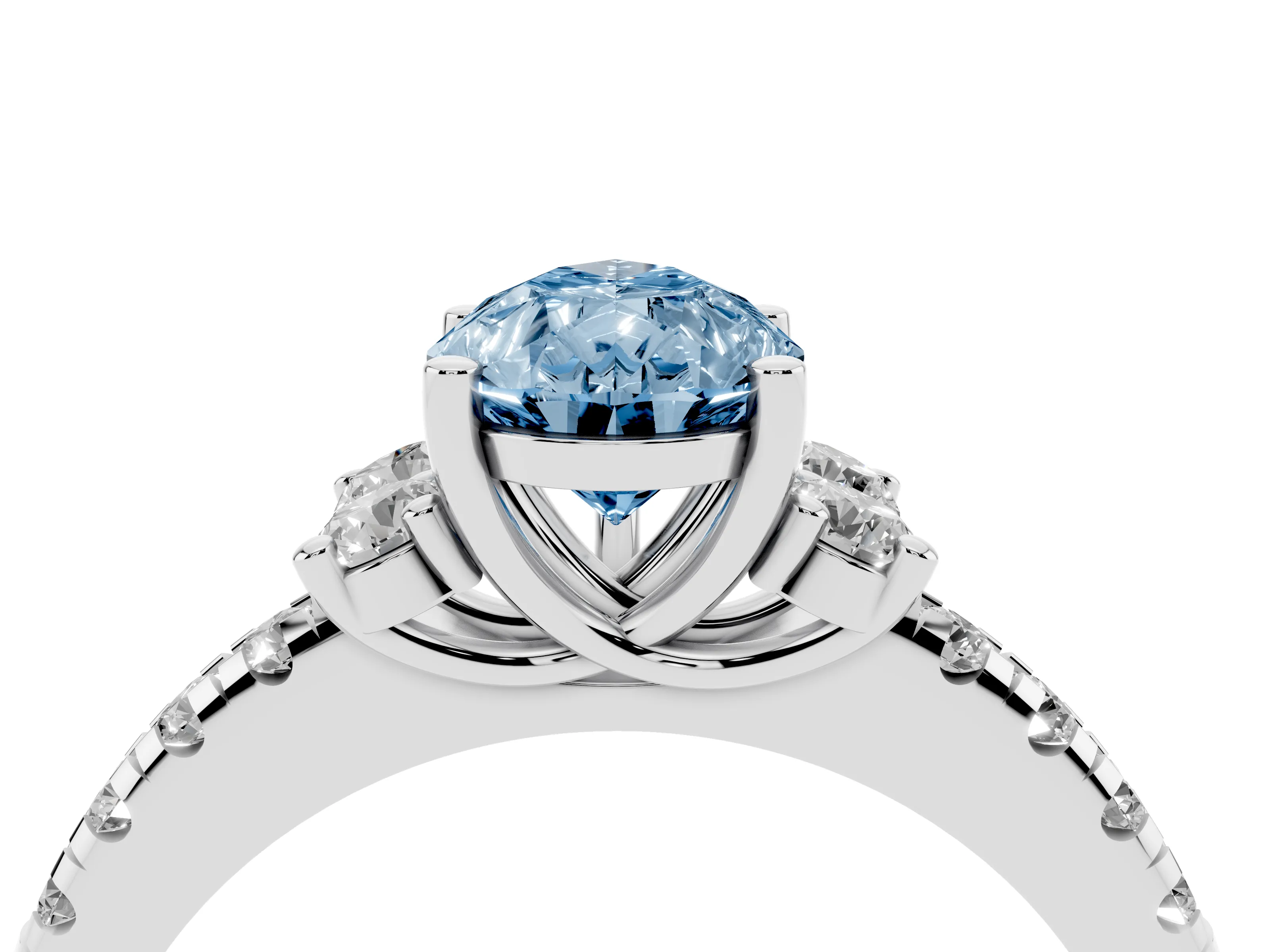 Fancy Blue Pear Cut Diamond Three-Stone Pavé Ring Set in White gold with Prong Setting
