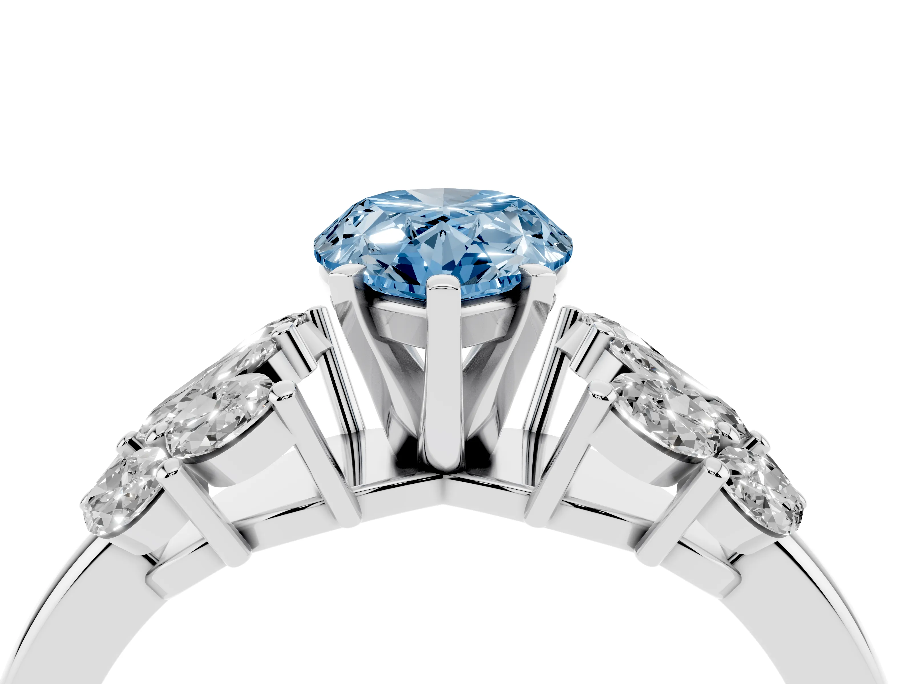 Fancy Blue Pear Cut Diamond Cluster Leaf Design Ring Set in Platinum with Prong Setting