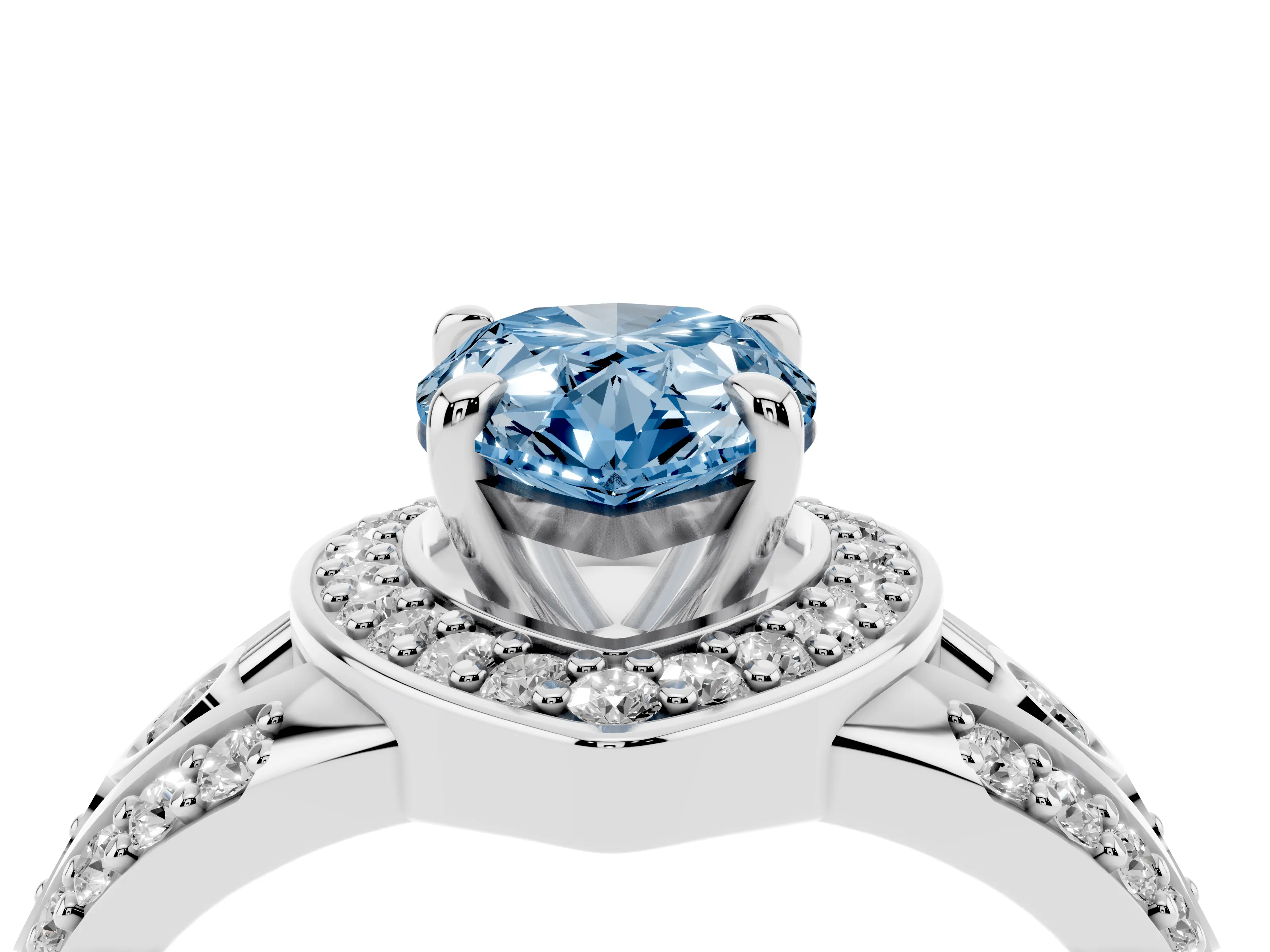 Fancy Blue Pear Cut Diamond Halo Ring Set in Silver with Pavé Split Shank and Bezel Accents