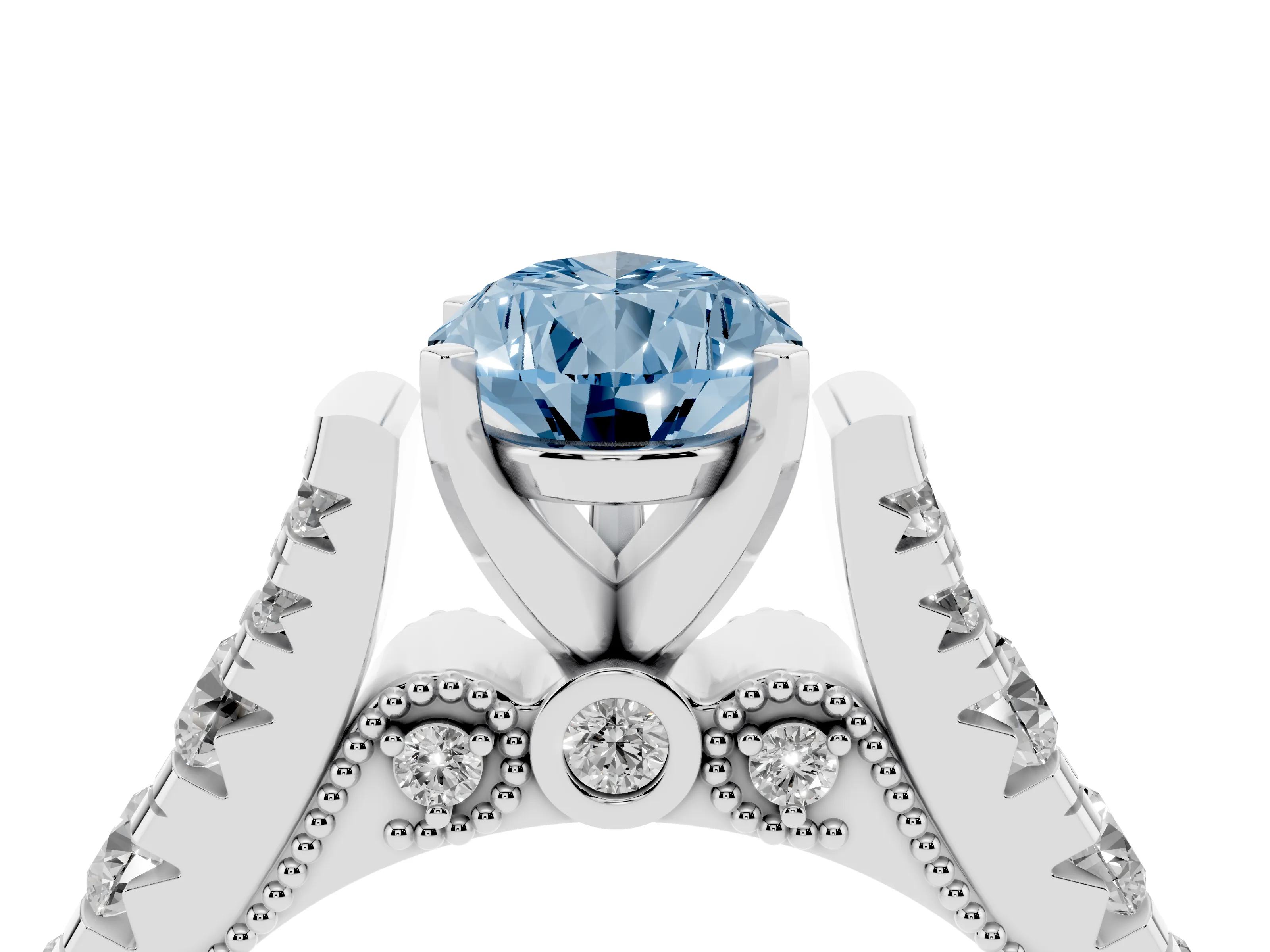Fancy Blue Pear Cut Diamond Classic Solitaire Ring Set in Platinum with Pavé Band and Prong Setting