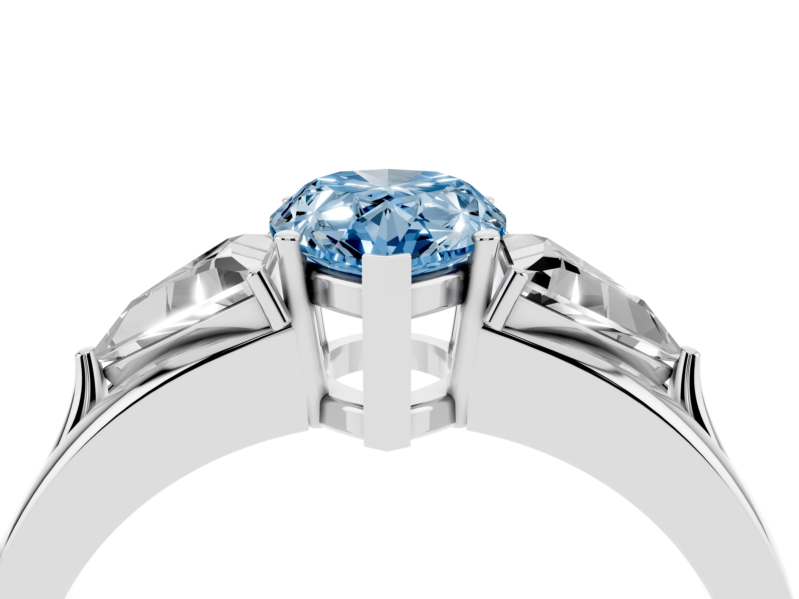 Fancy Blue Pear Cut Diamond Three-Stone Ring Set in Silver with Trillion Side Stones and Split Shank