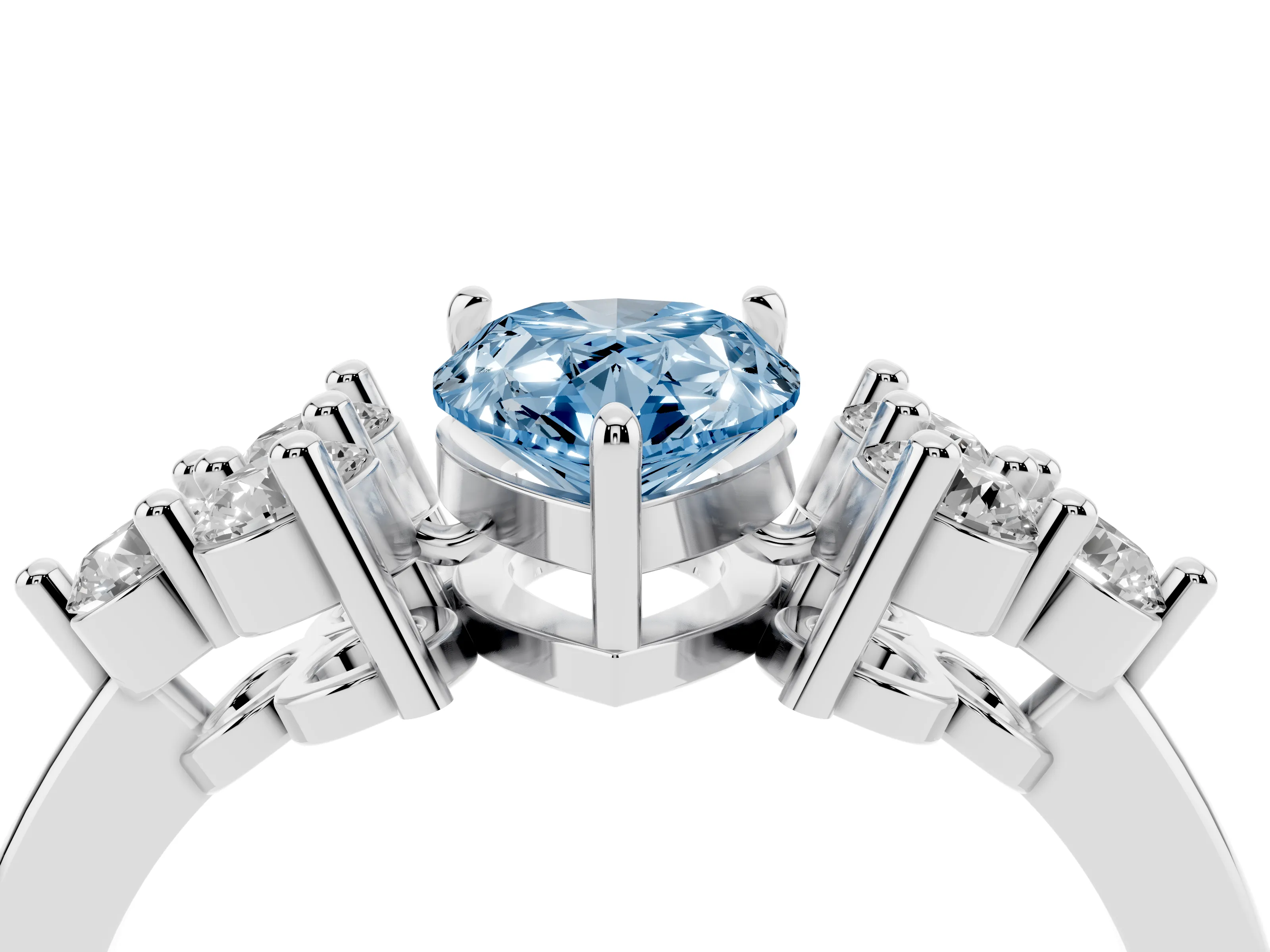 Fancy Blue Pear Cut Diamond Solitaire Ring Set in Silver with Cluster Accents on Each Side