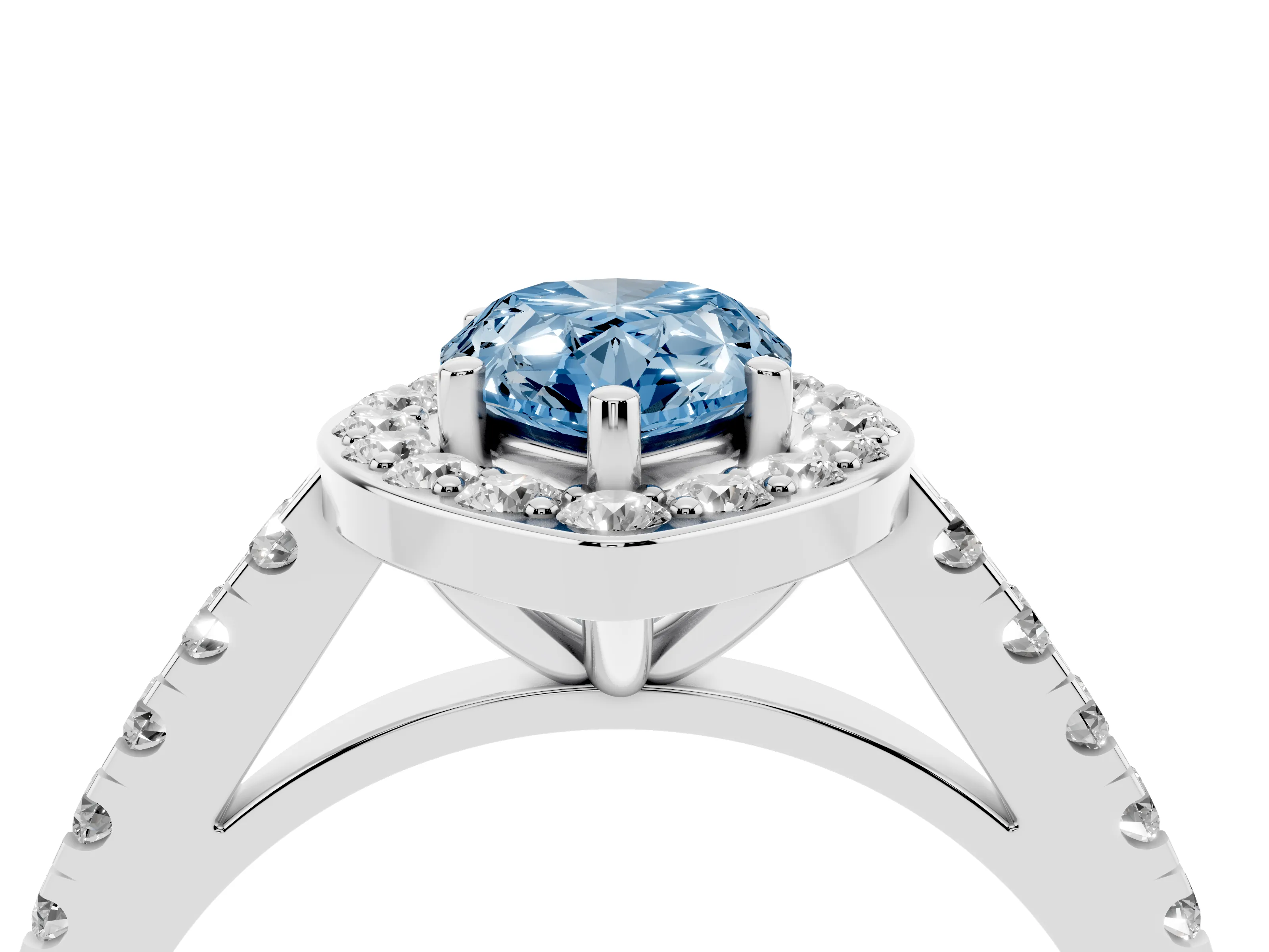 Fancy Blue Pear Cut Diamond Halo Ring Set in White gold with Round Pavé Split Shank and Prong Setting