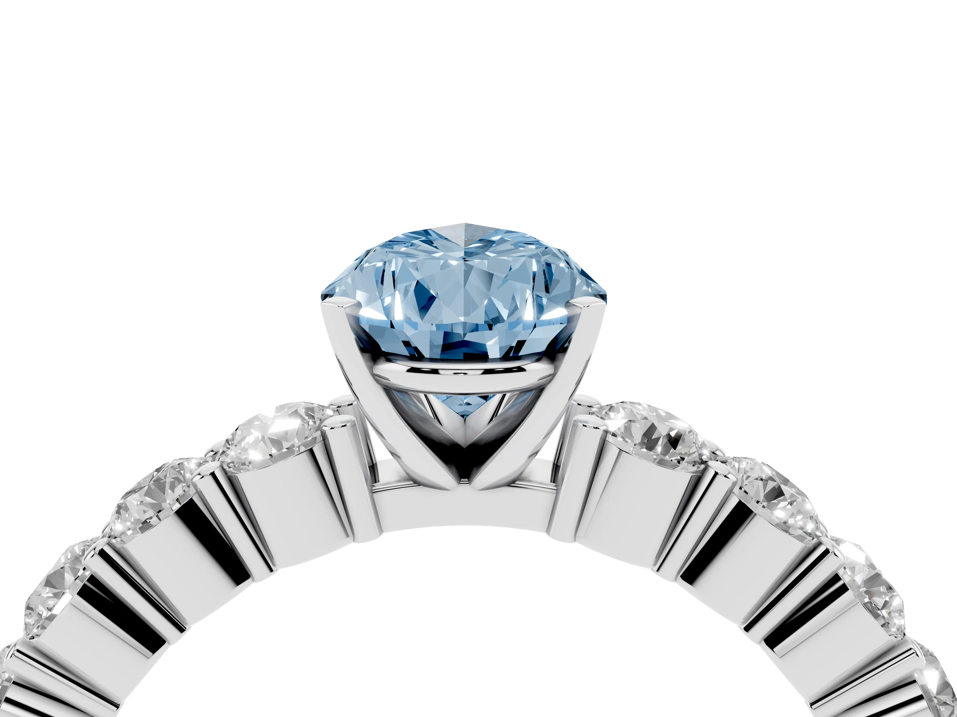 Fancy Blue Pear Cut Diamond Solitaire Ring Set in Platinum with Shared Prong Round Side Stones