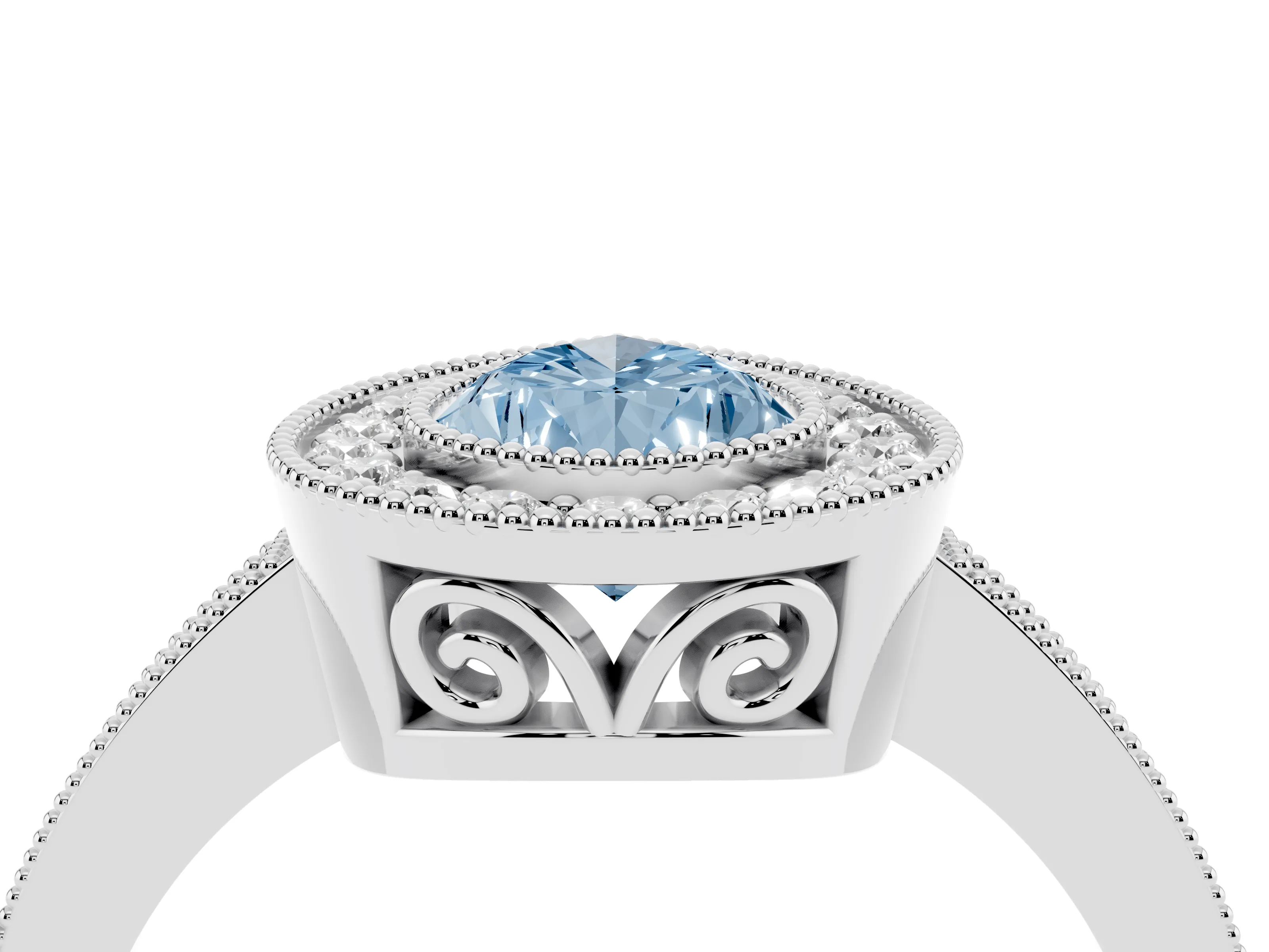 Fancy Blue Pear Cut Diamond Halo Ring Set in Platinum with Pavé Band and Milgrain-Edged Prongs