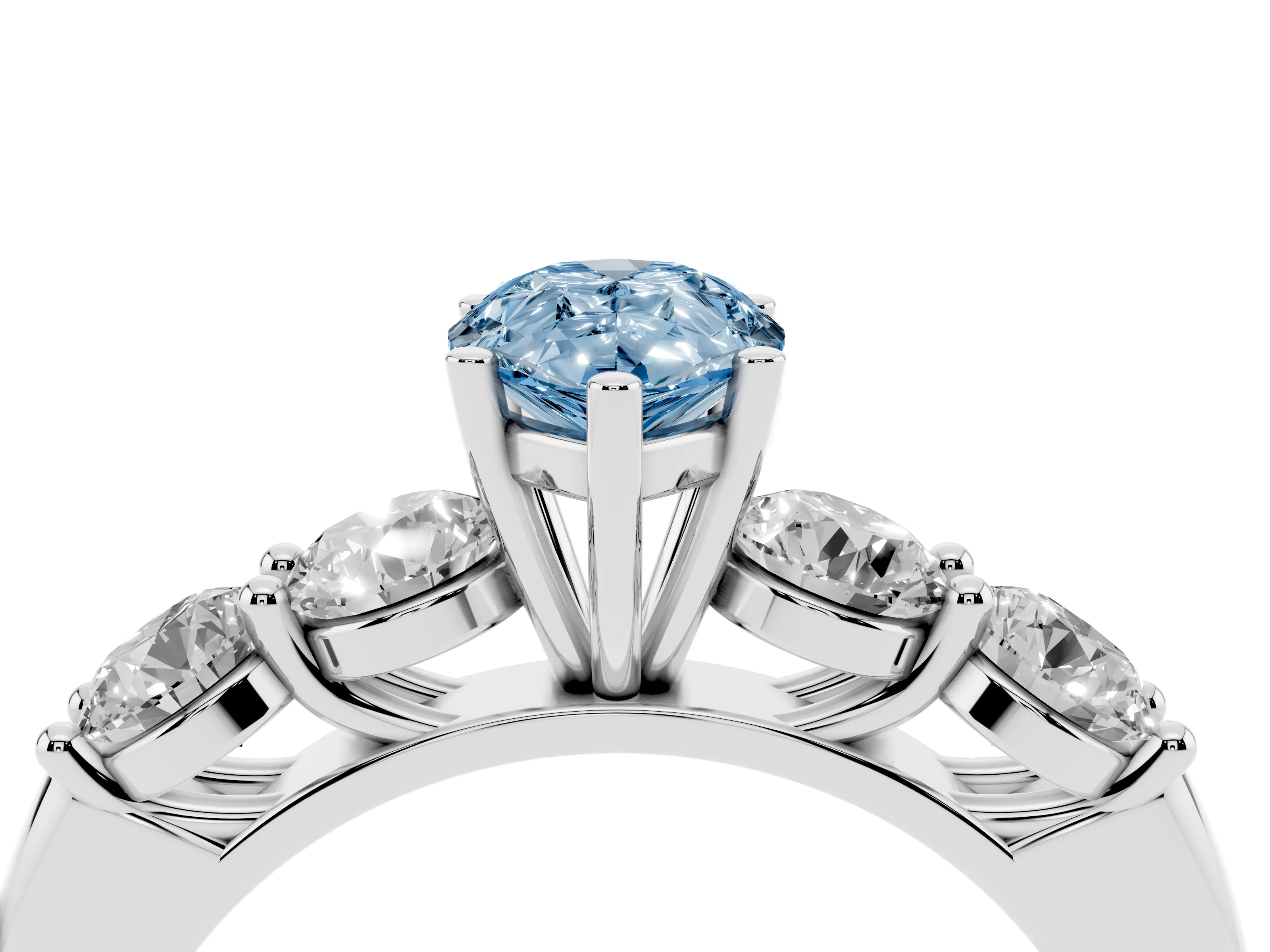 Fancy Blue Pear Cut Diamond Five-Stone Prong Set Ring Set in White gold with Classic Band
