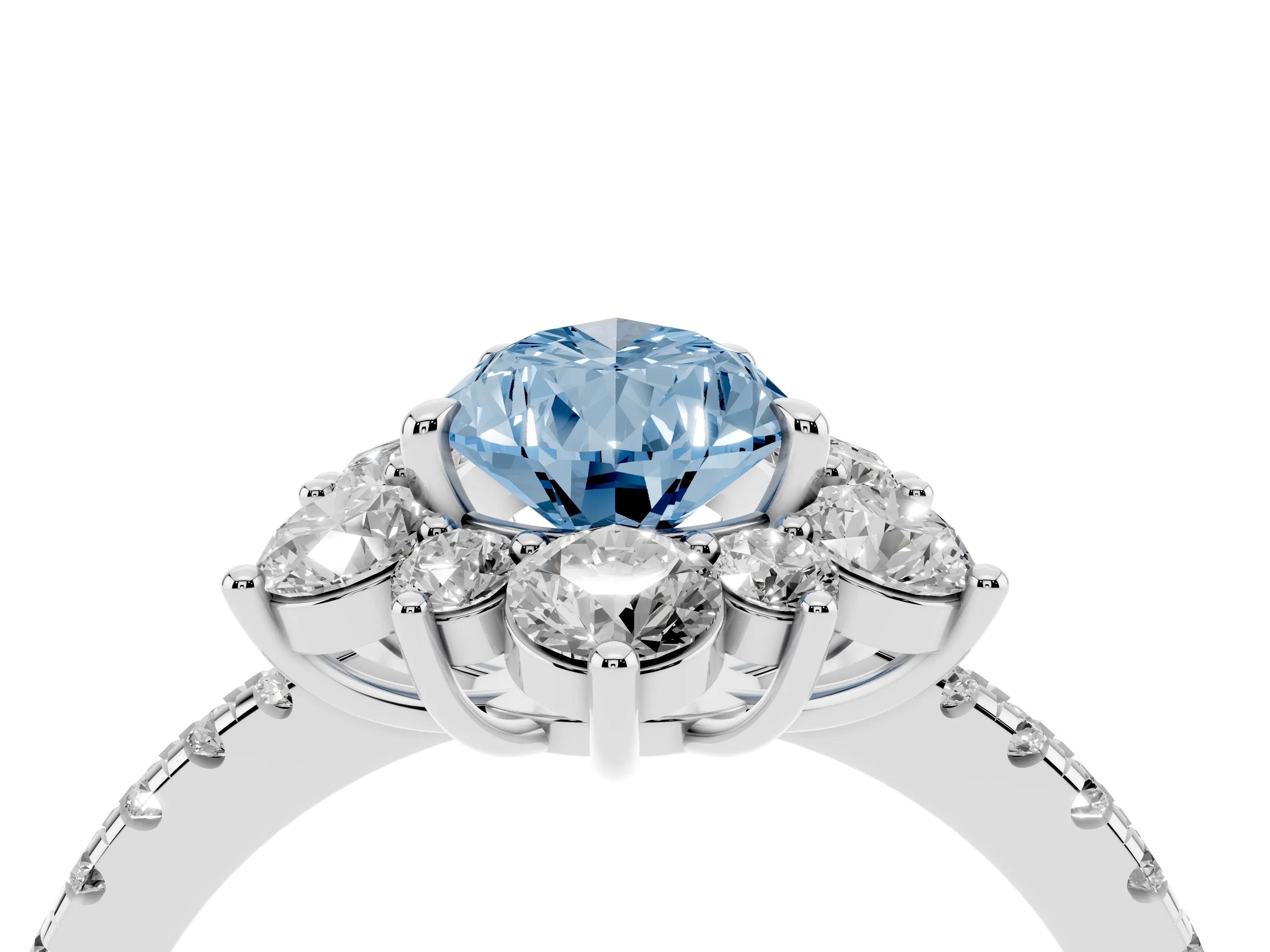 Fancy Blue Pear Cut Diamond Floral Halo Ring Set in White gold with Round Pavé Band and Prong Setting