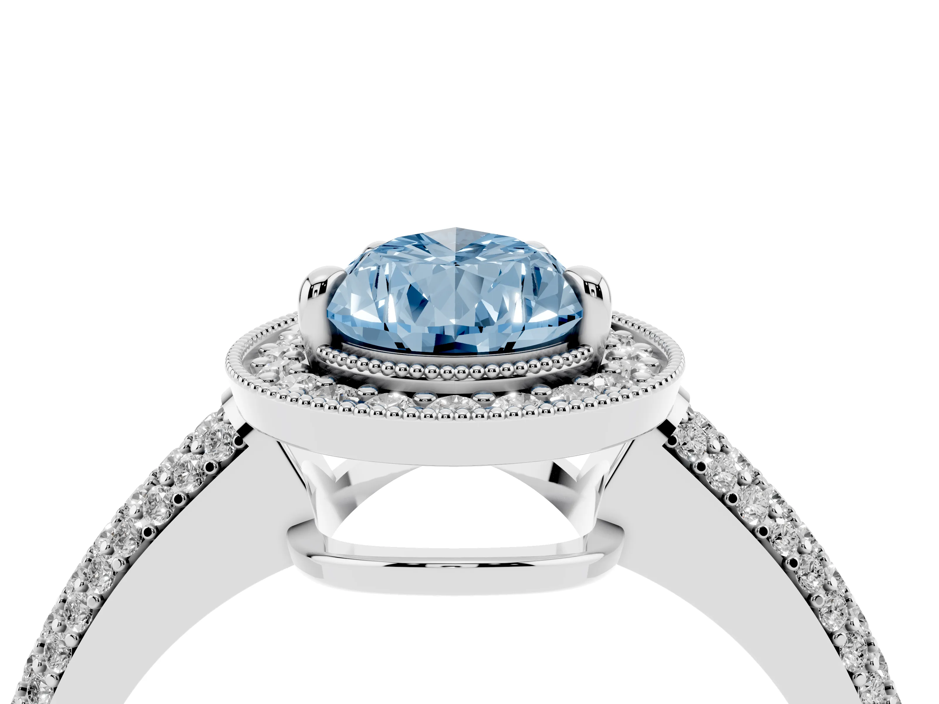 Fancy Blue Pear Cut Diamond Halo Pavé Band Set in White gold with Prong Setting