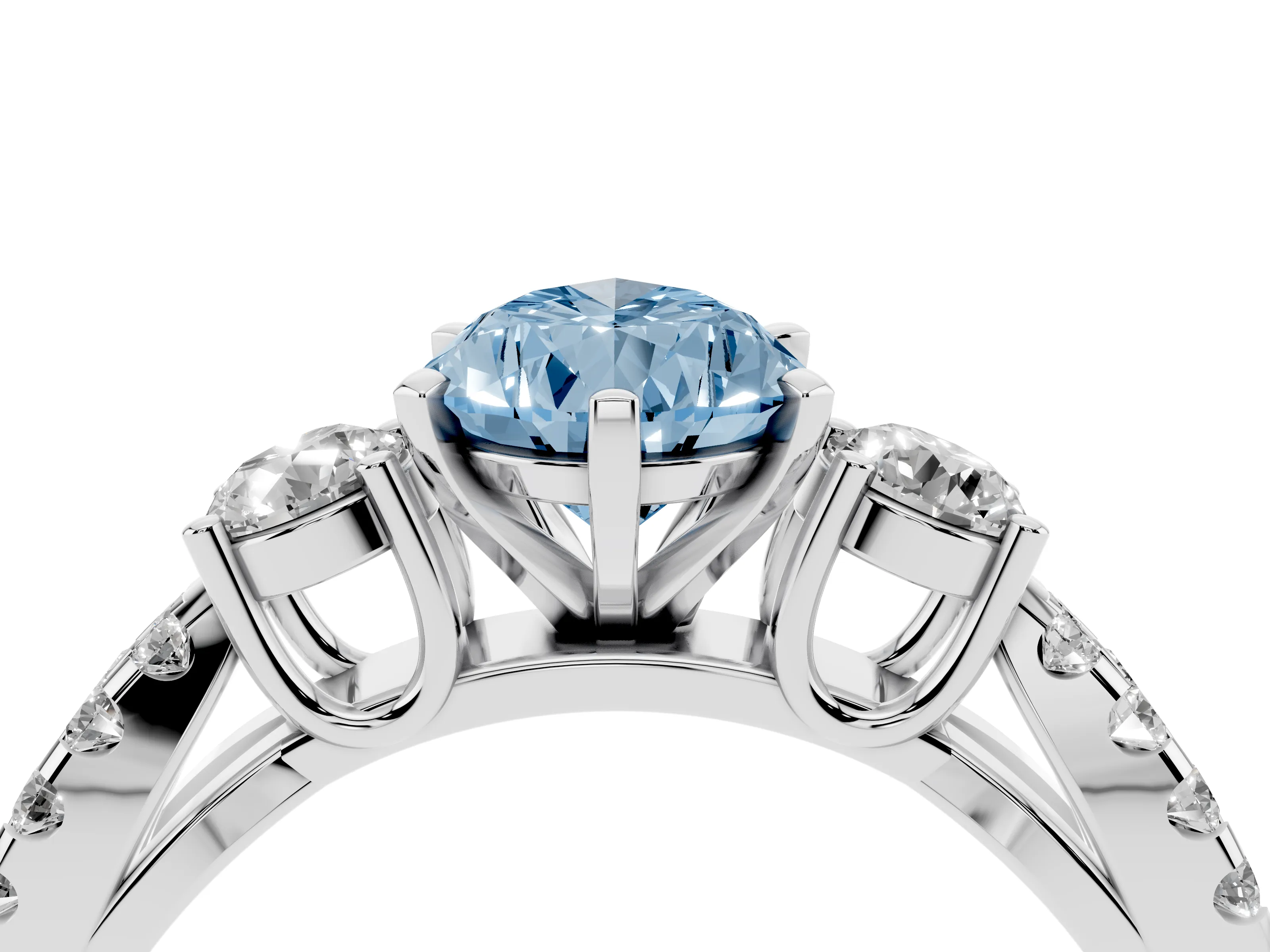 Fancy Blue Pear Cut Diamond Three-Stone Ring Set in Platinum with Pavé Split Shank and Prong Setting