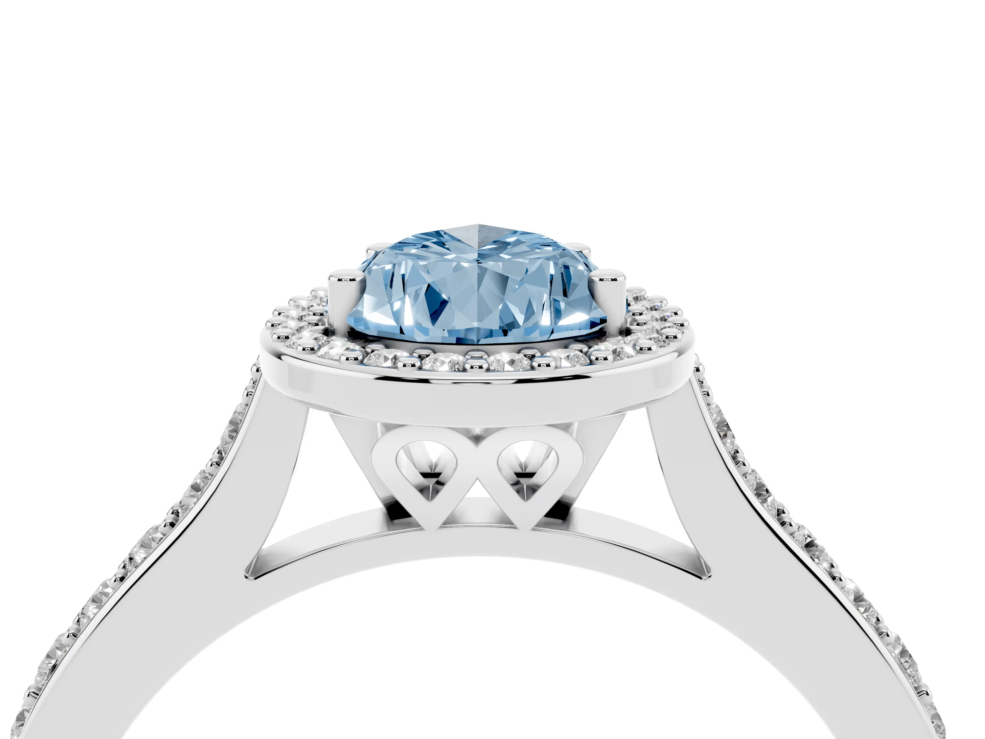 Fancy Blue Pear Cut Diamond Halo Engagement Ring Set in Platinum with Round Pavé Shoulders and Heart Gallery