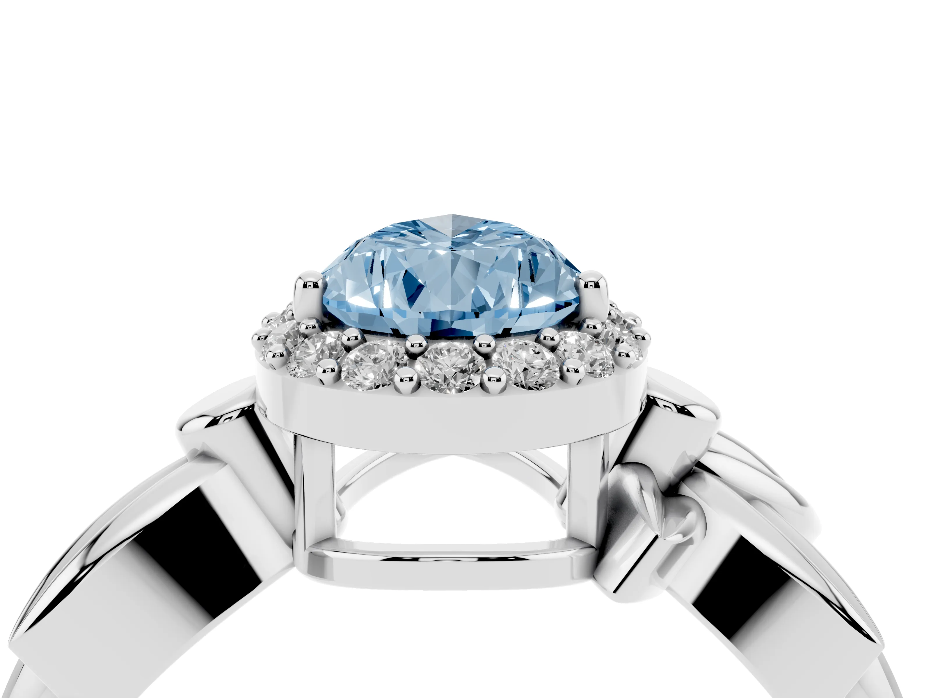 Fancy Blue Pear Cut Diamond Halo Floral Band Ring Set in White gold with Prong Setting