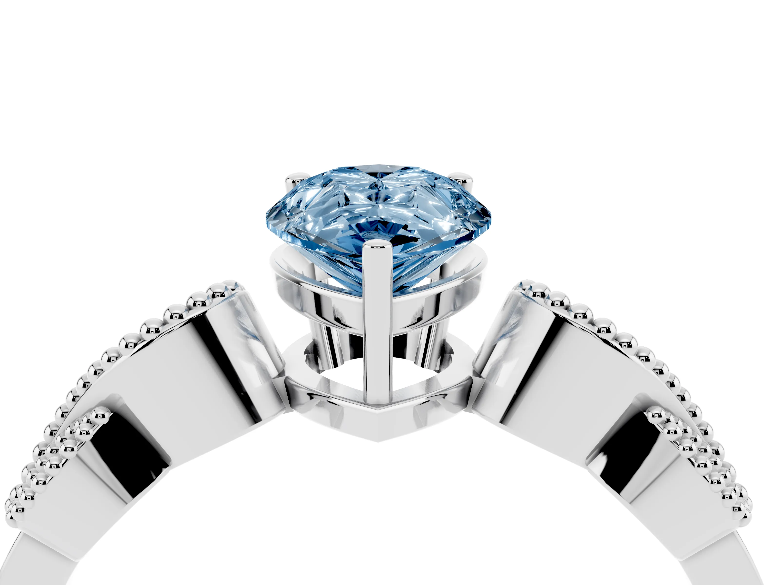 Fancy Blue Pear Cut Diamond Milgrain Leaf Band Solitaire Ring Set in White gold with Accent Stones and Prong Setting