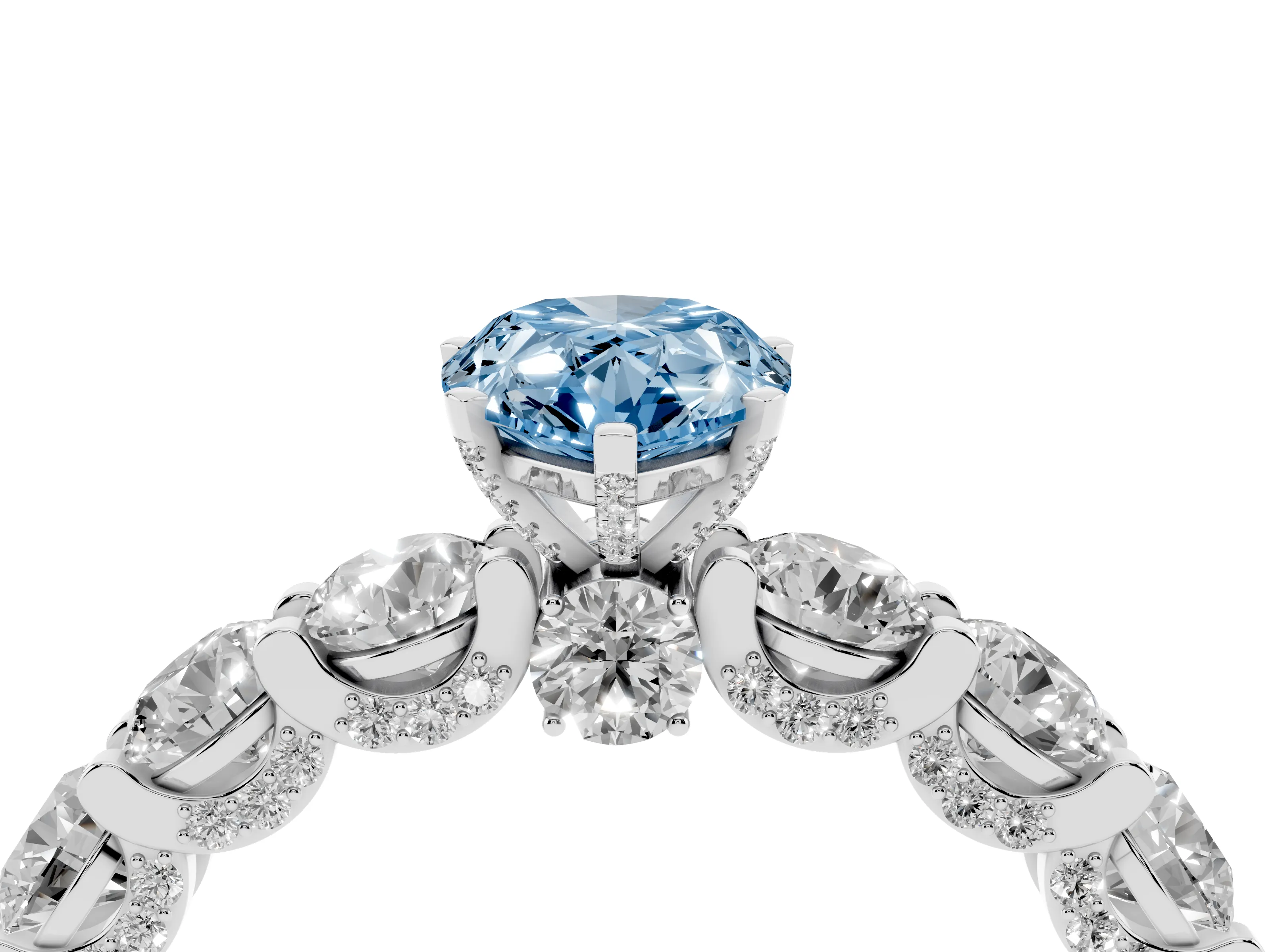 Fancy Blue Pear Cut Diamond Side Stone Ring Set in Platinum with Alternating Round and Oval Side Stones