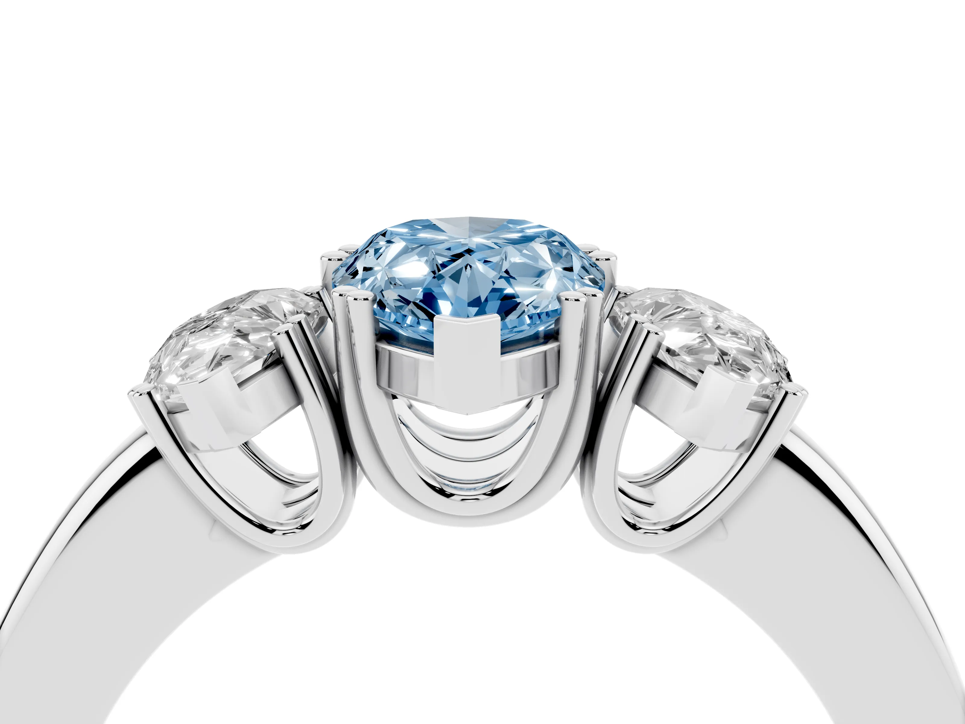 Fancy Blue Pear Cut Diamond Three-Stone Ring Set in White gold with Polished Channel-Set Band