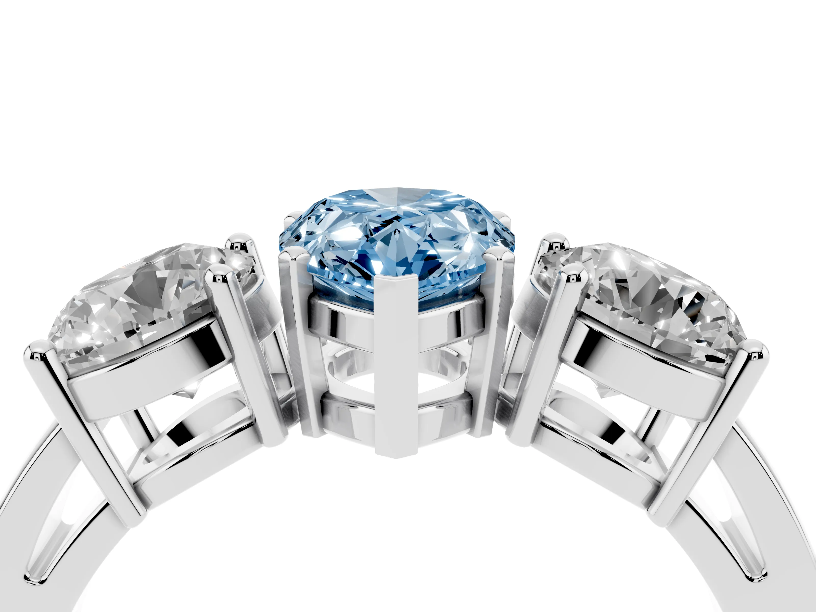Fancy Blue Pear Cut Diamond Three-Stone Ring Set in Platinum with Round Side Stones and Classic Band