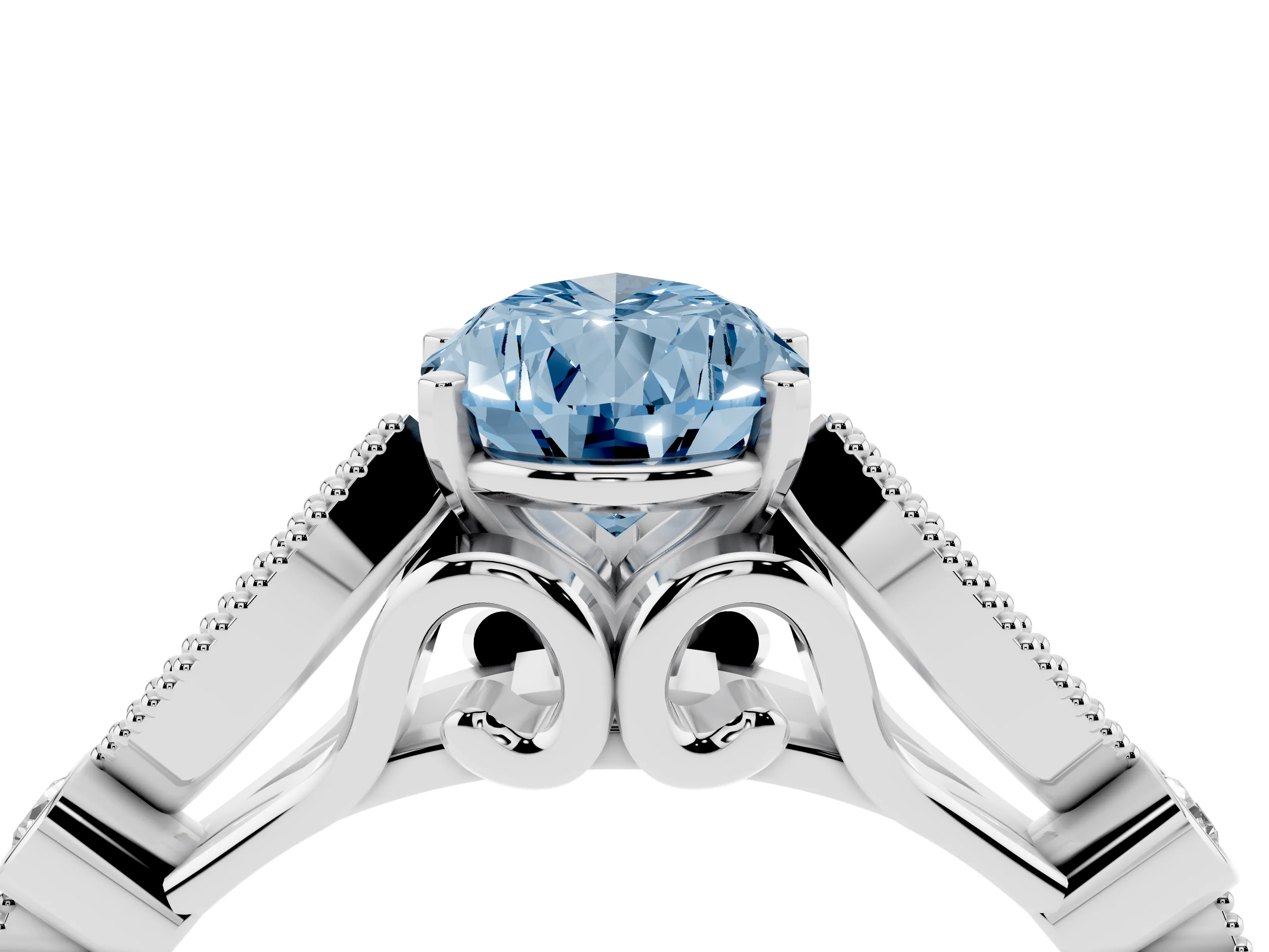 Fancy Blue Pear Cut Diamond Solitaire Ring Set in White gold with Milgrain Marquise and Bezel Accents