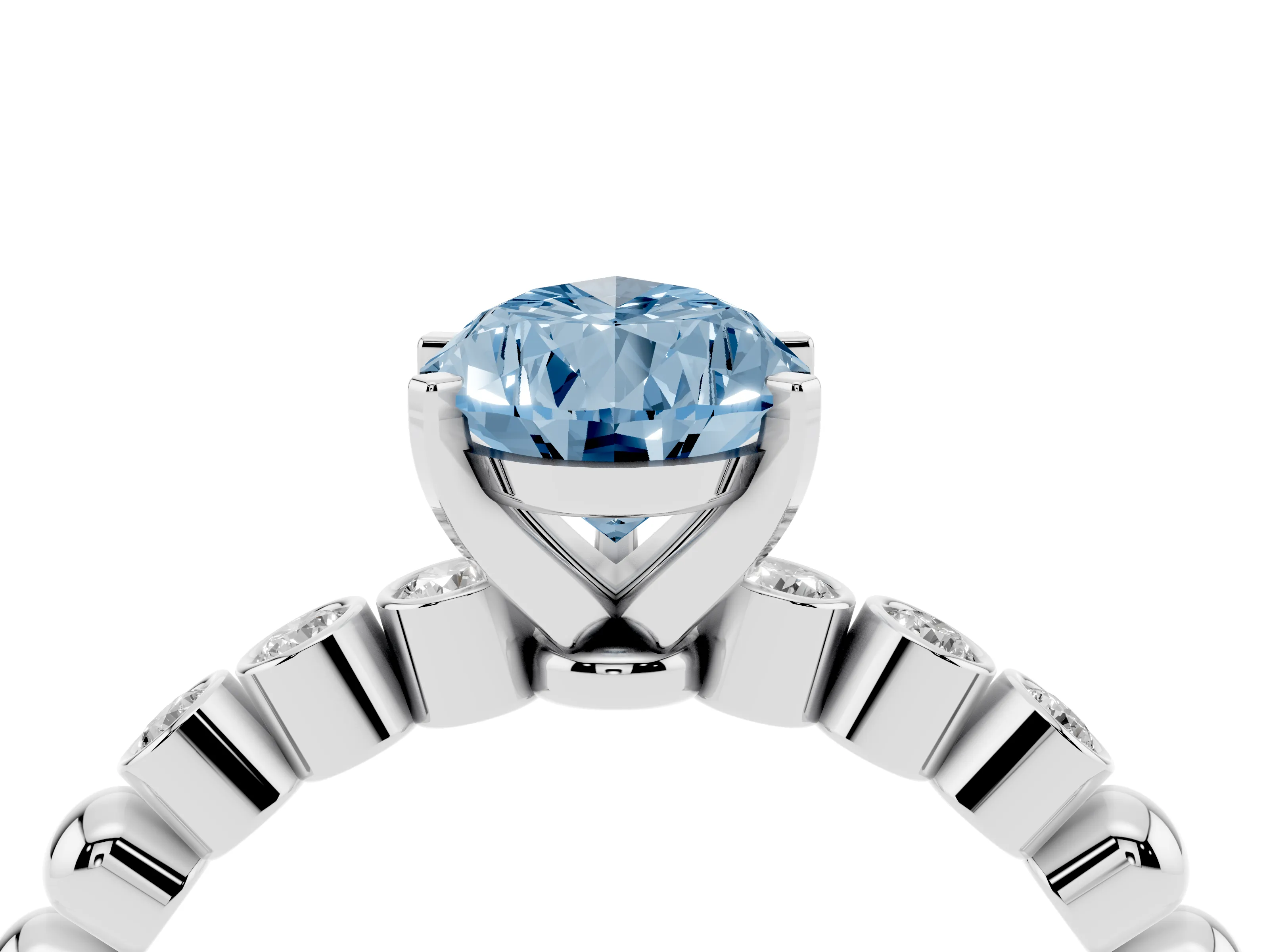 Fancy Blue Pear Cut Diamond Solitaire Engagement Ring Set in Silver with Bezel Accents on Beaded Band