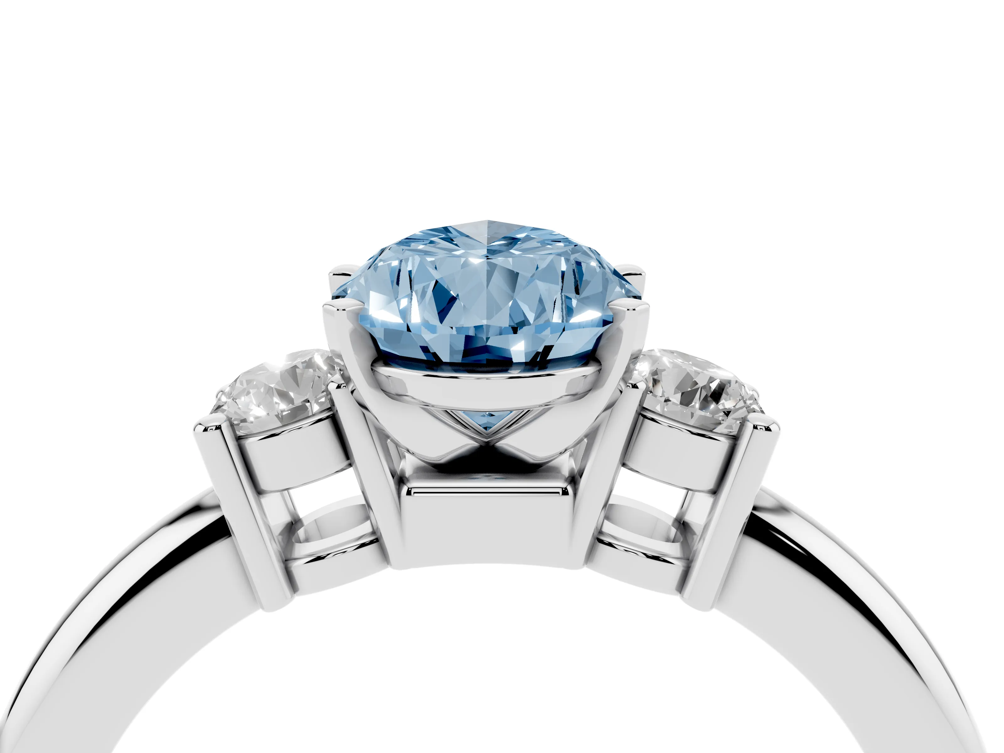 Fancy Blue Three-Stone Pear Cut Diamond Ring Set in Platinum with Prong Setting and Plain Band