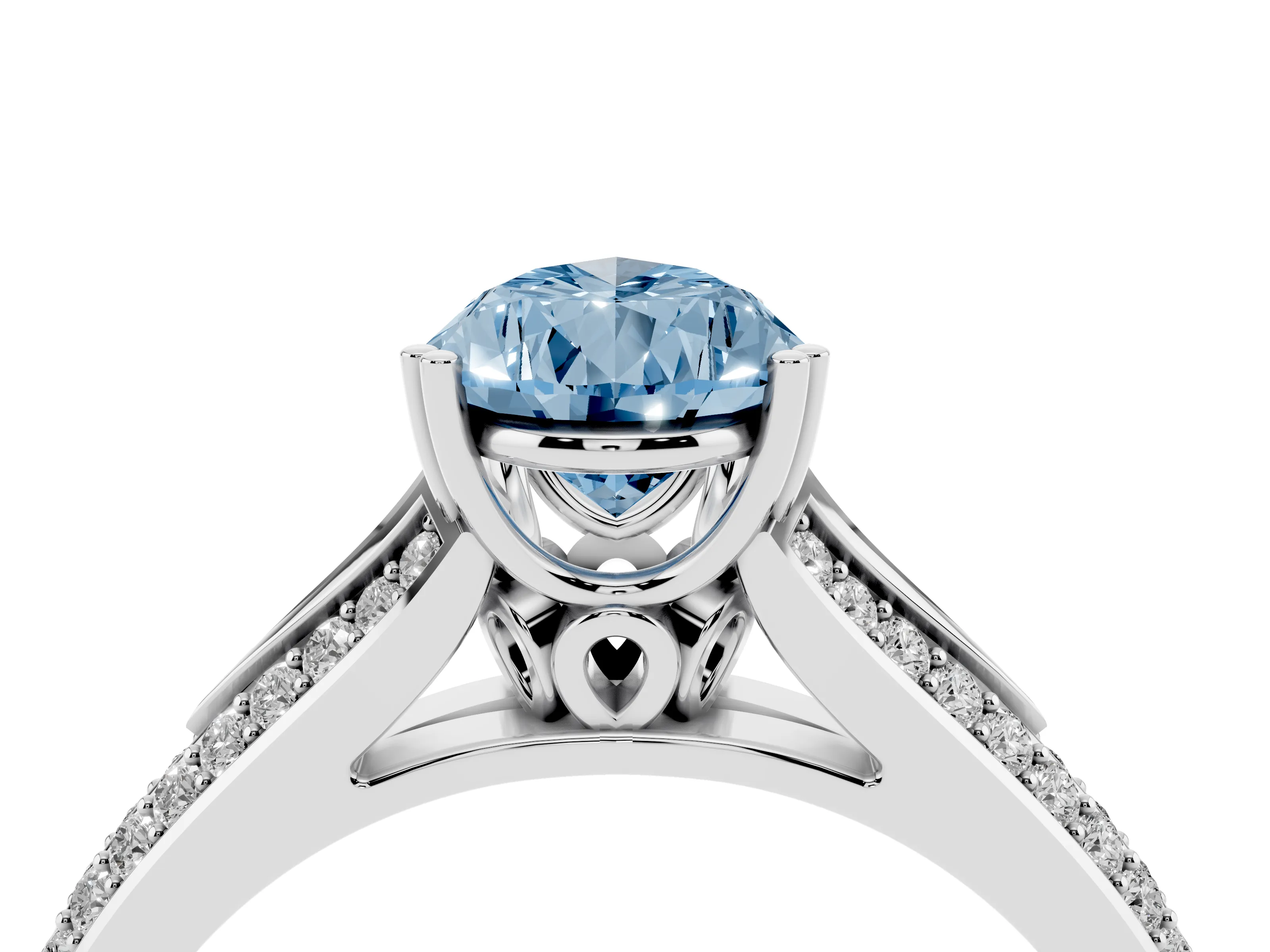 Fancy Blue Pear Cut Diamond Split Shank Pavé Engagement Ring Set in White gold with Prong-Set Center Stone