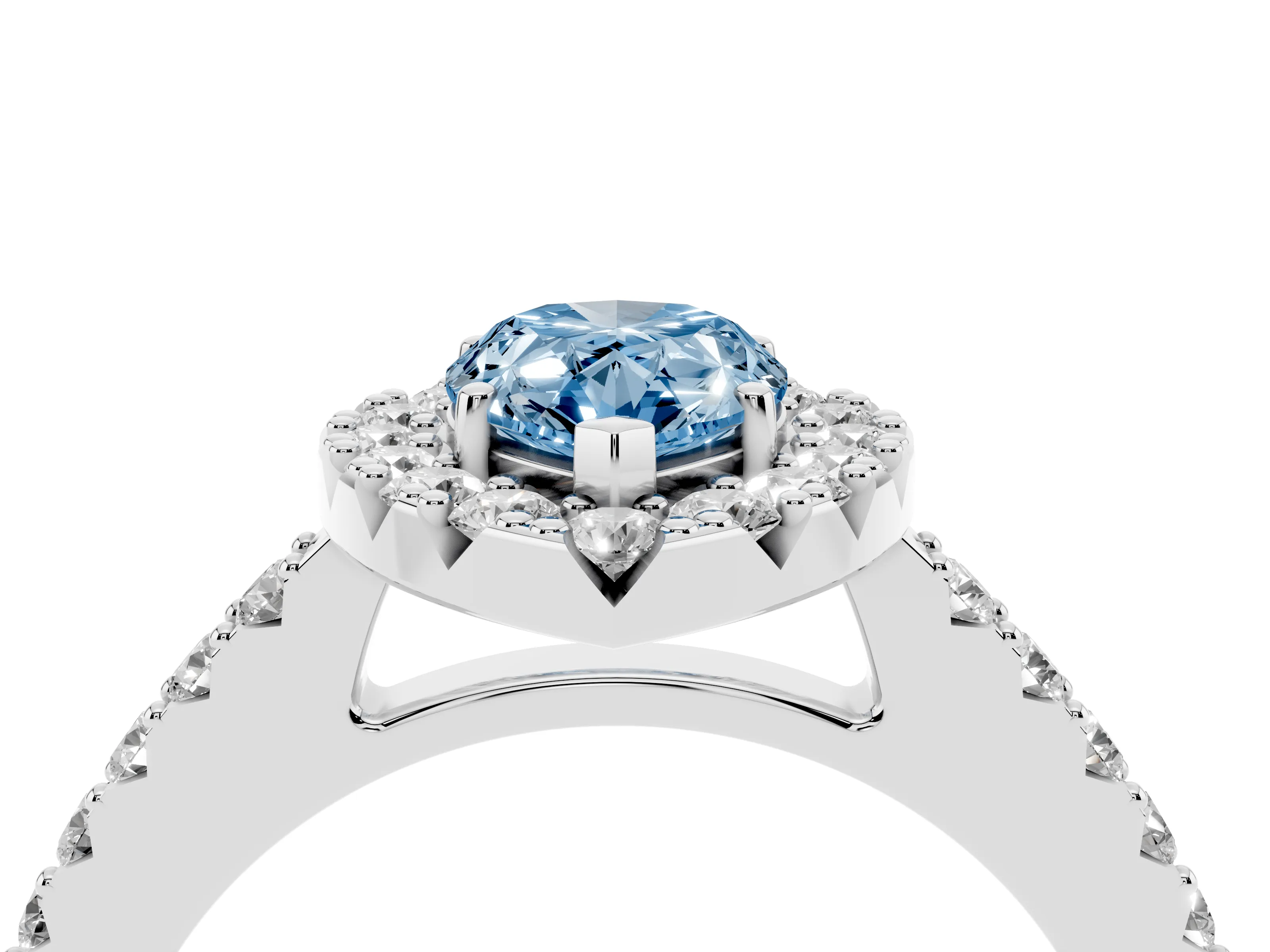 Fancy Blue Pear Cut Diamond Halo Pavé Solitaire Ring Set in Silver with Prong-Set Center Stone