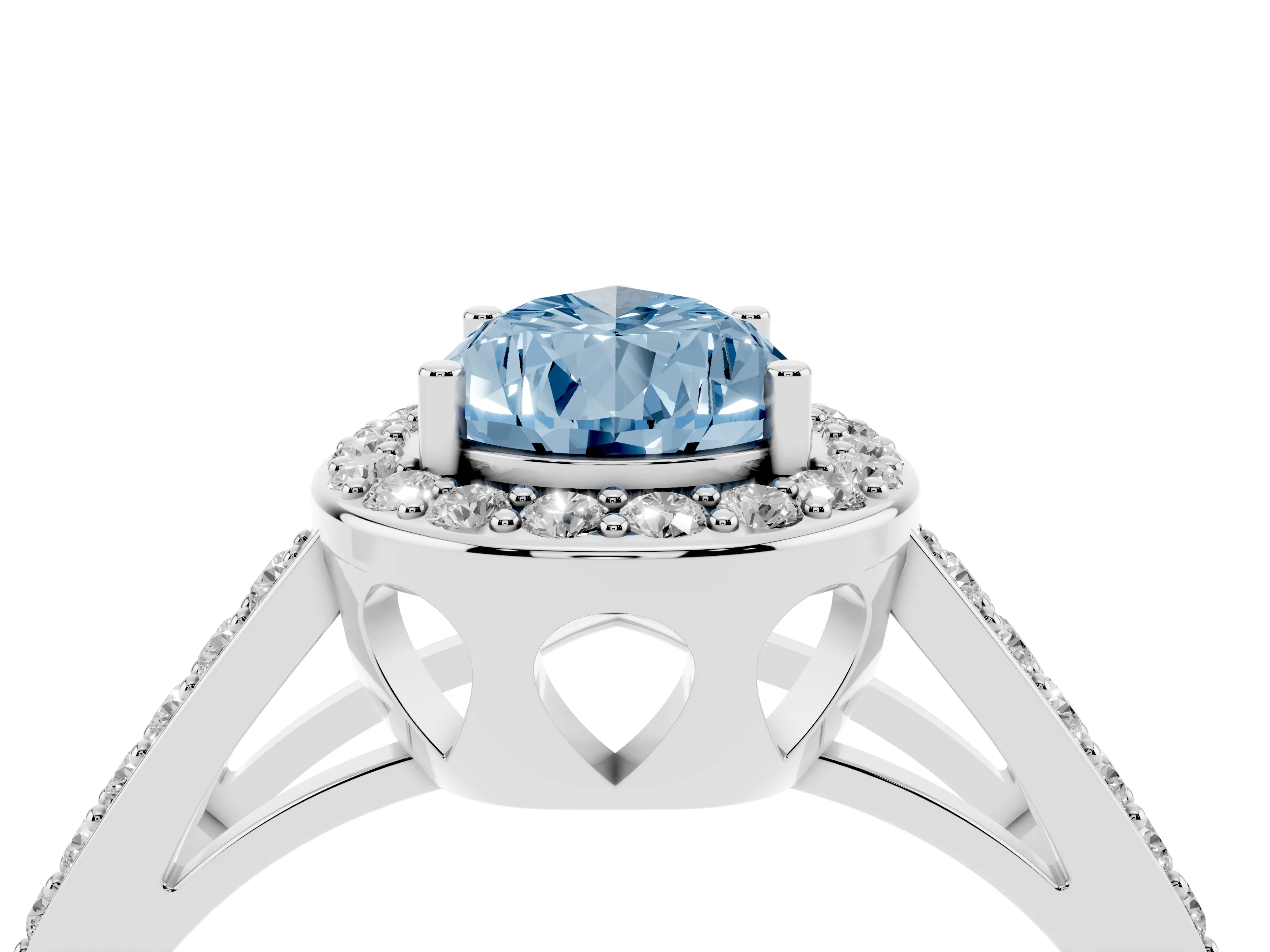 Fancy Blue Pear Cut Diamond Halo Ring Set in White gold with U-Prong Split Shank and Prong Setting