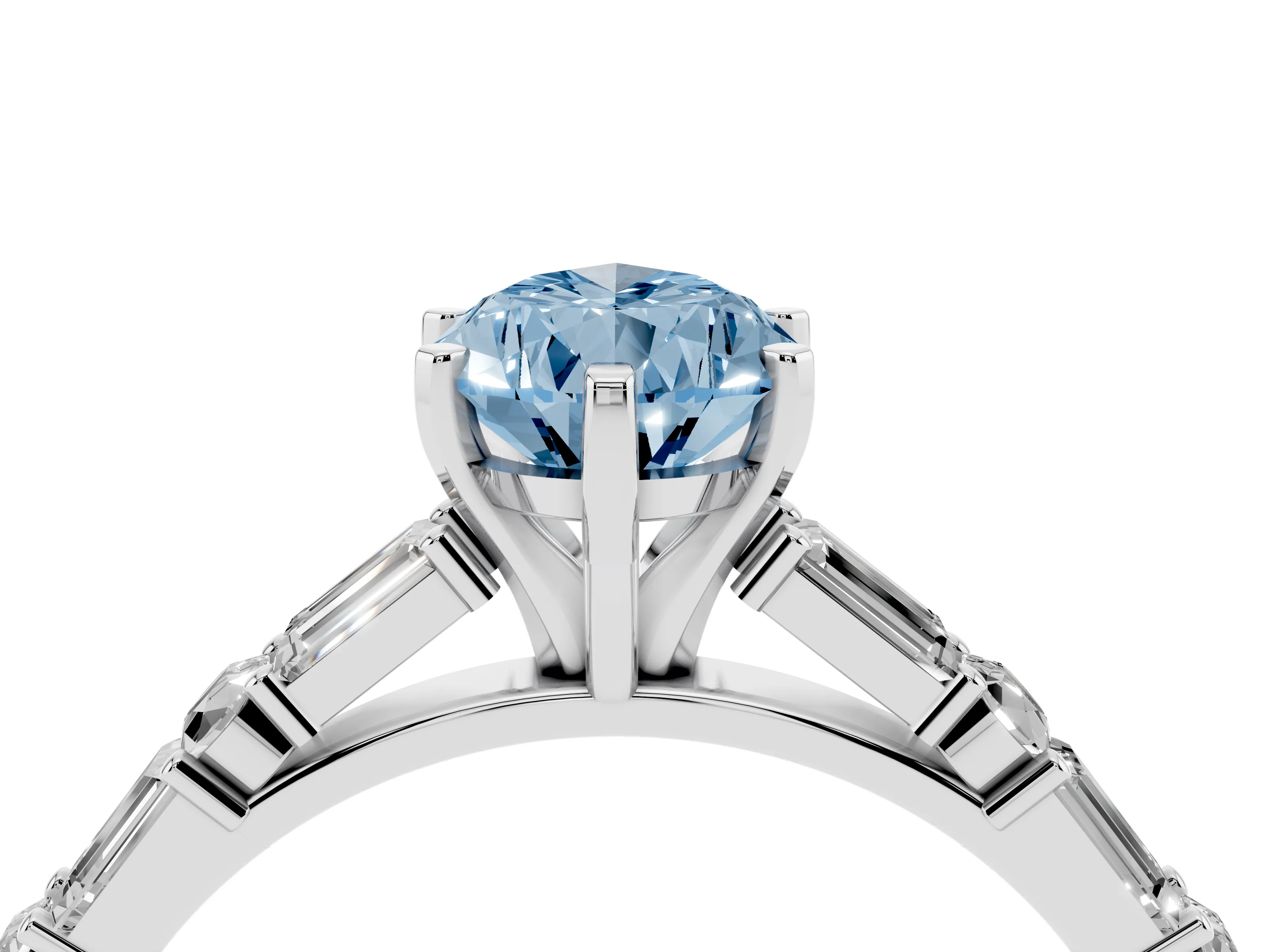 Fancy Blue Pear Cut Diamond Solitaire Set in White gold with Side Baguettes and Channel Set Band