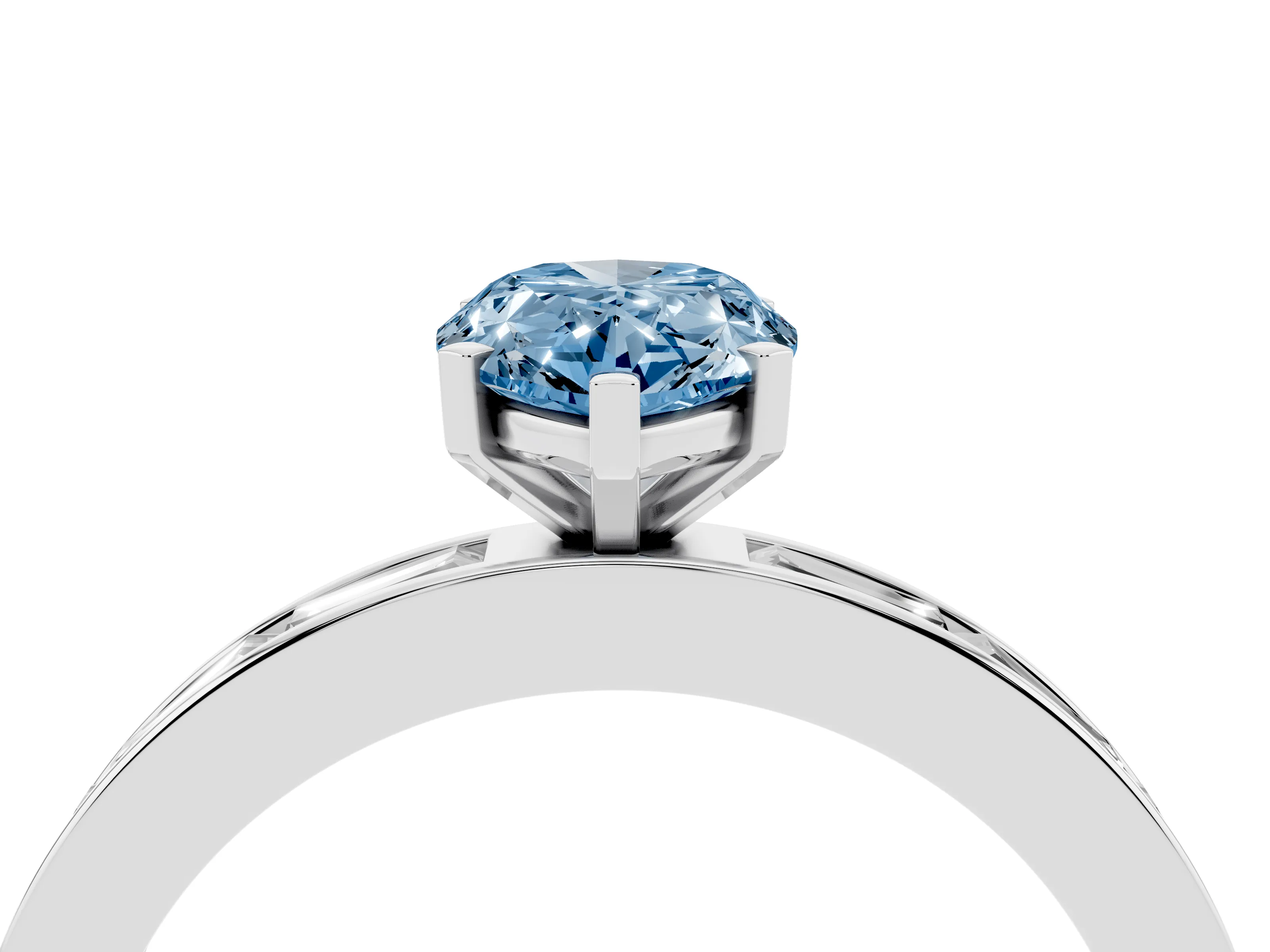 Fancy Blue Pear Cut Diamond Solitaire Ring Set in Platinum with Channel-Set Baguette Band and Prong Setting