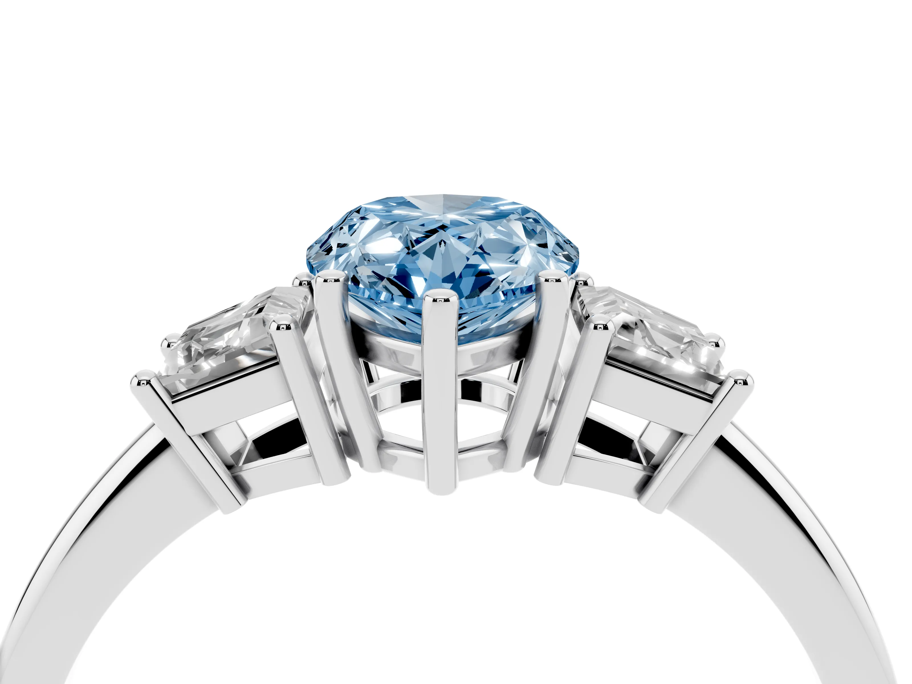 Fancy Blue Pear Cut Diamond Three-Stone Ring Set in Silver with Trapezoid Side Stones and Prong Setting