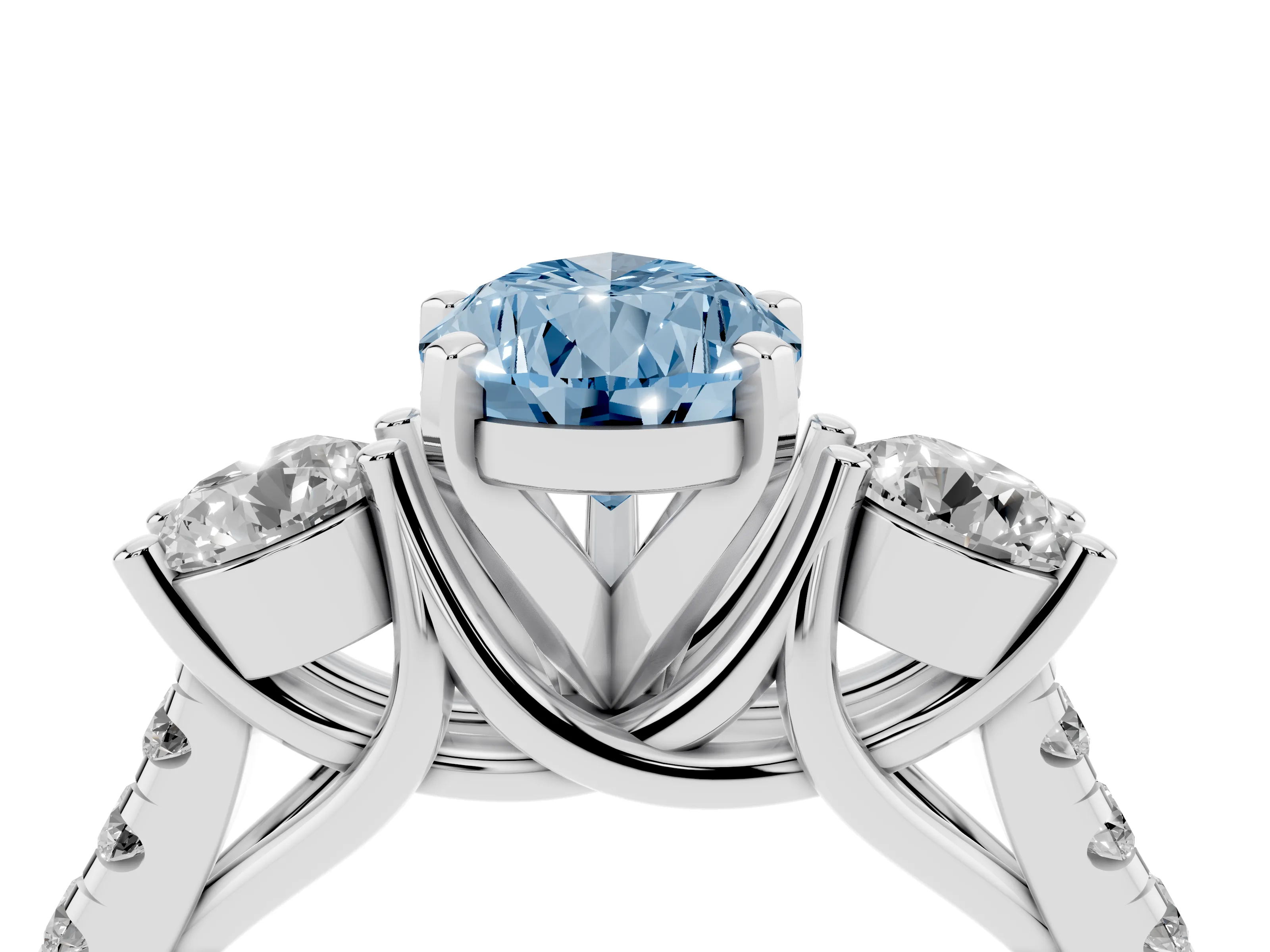 Fancy Blue Three-Stone Pear Cut Diamond Pavé Band Ring Set in Platinum with Prong-Set Trio