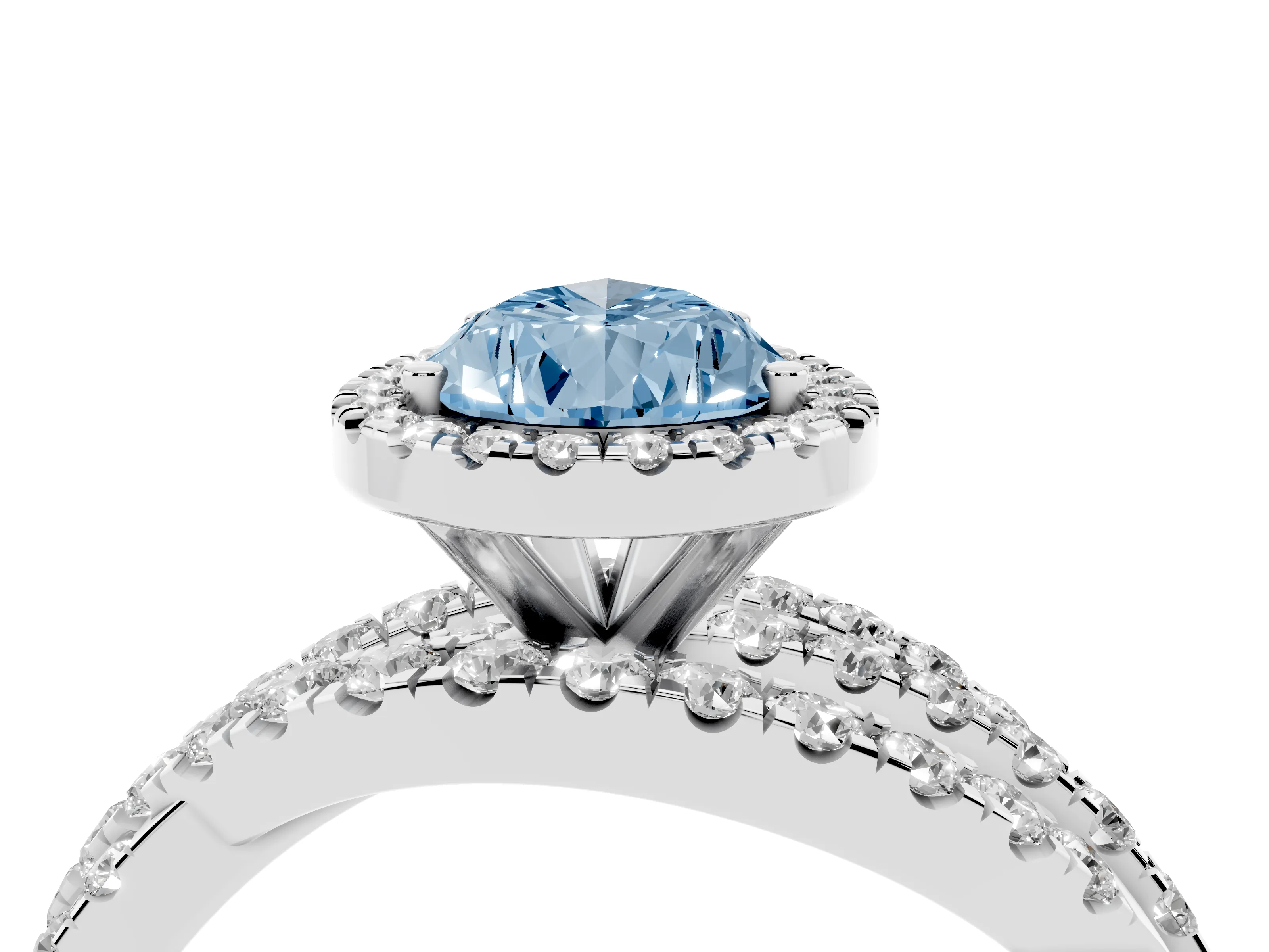 Fancy Blue Pear Cut Diamond Halo Ring Set in Silver with Round Crossover Split Shank and Prong Setting