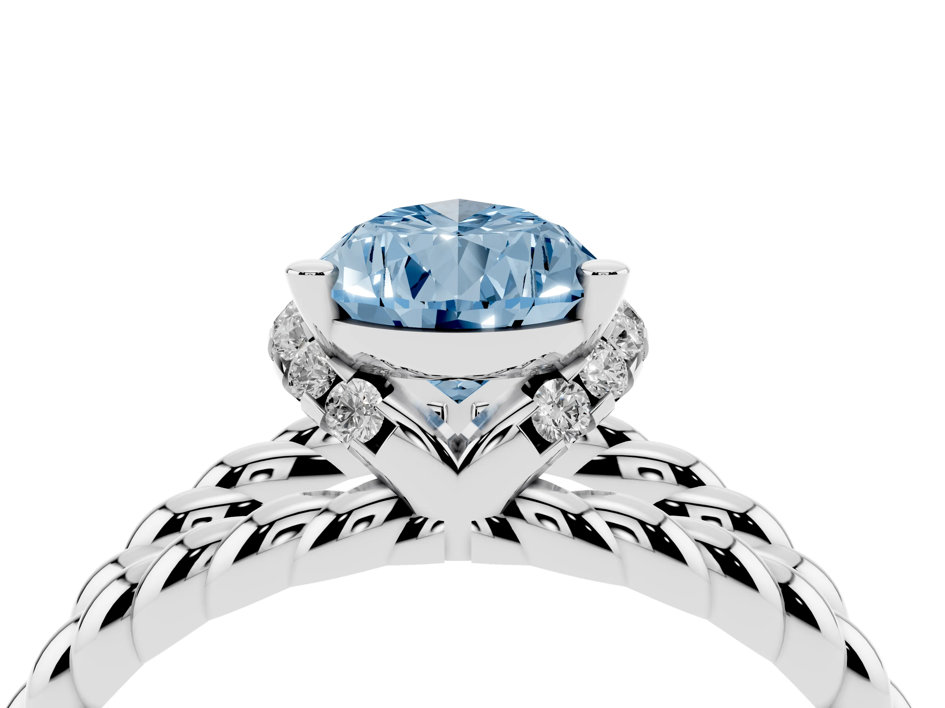 Fancy Blue Pear Cut Diamond Halo Ring Set in White gold with Twisted Band and Prong Setting