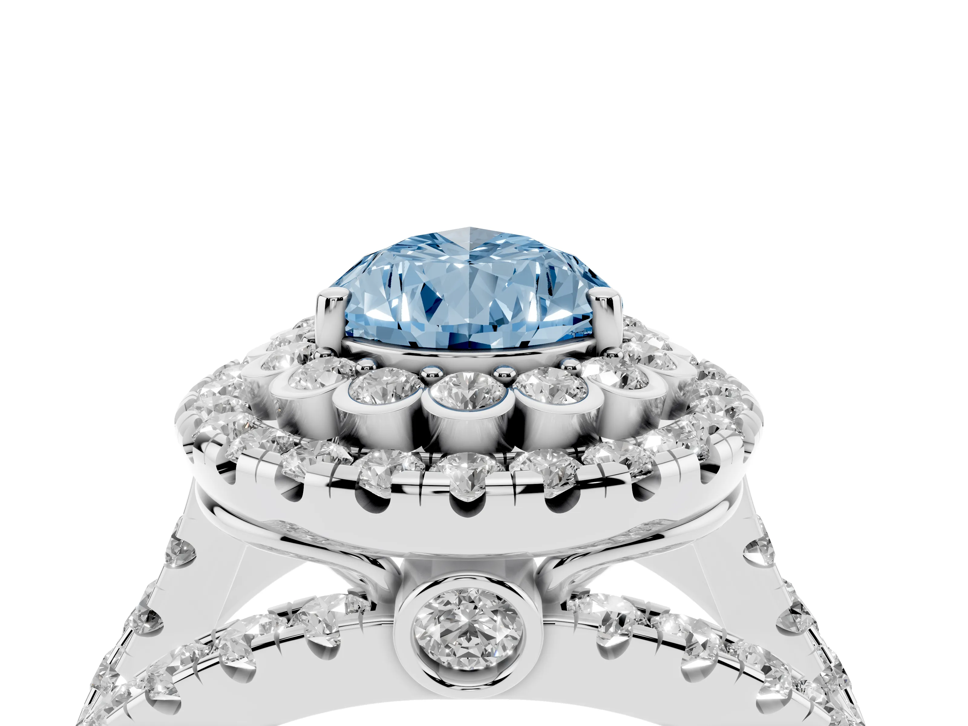 Fancy Blue Pear Cut Diamond Double Halo Ring Set in Platinum with Round Pavé Split Shank