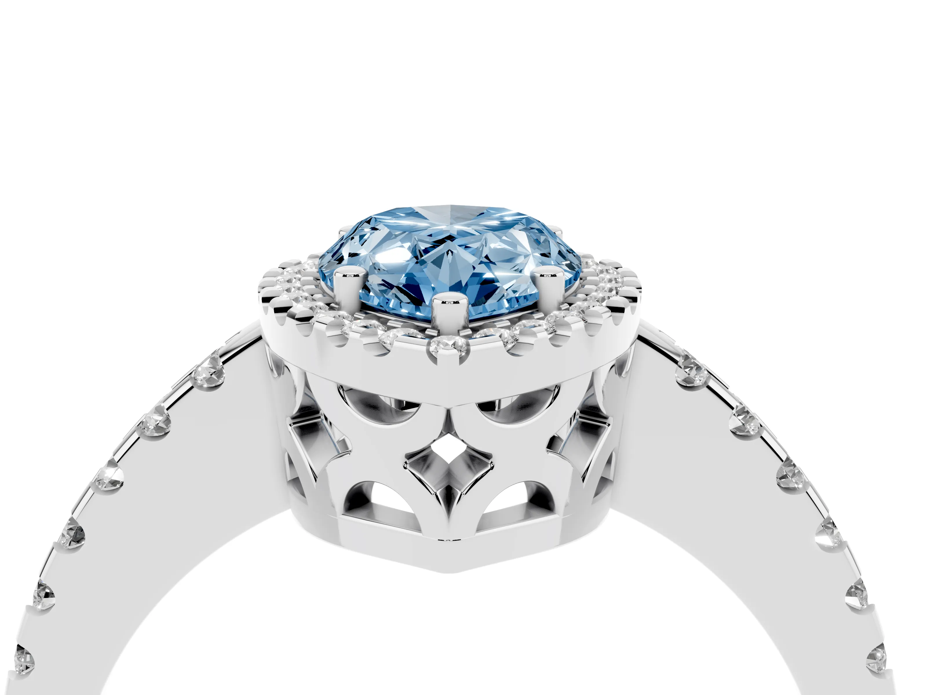 Fancy Blue Pear Cut Diamond Halo Ring Set in Silver with Pavé Shoulders and Halo-Framed Center