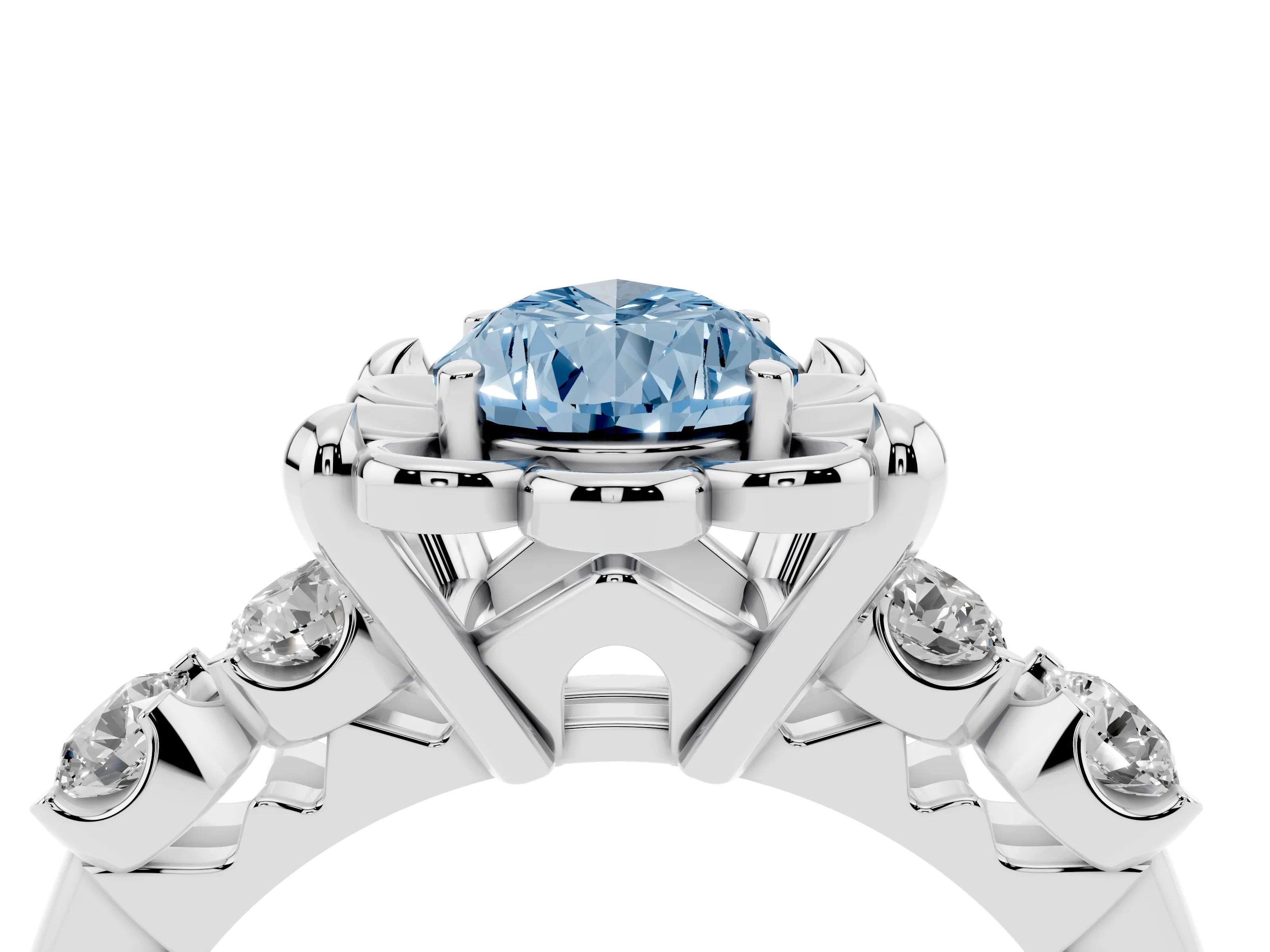 Fancy Blue Pear Cut Diamond Floral Halo Ring Set in Silver with Shared Prong Band
