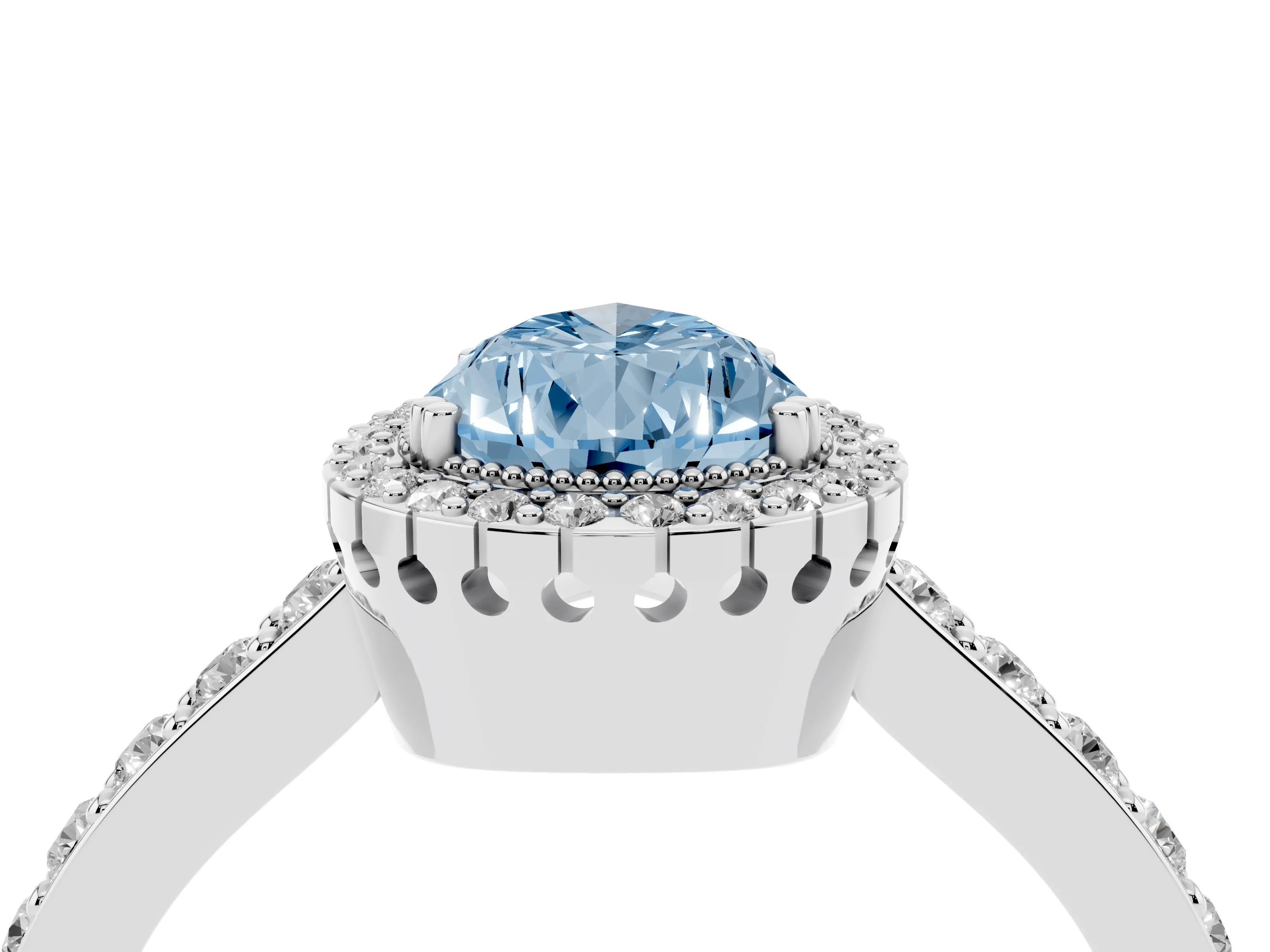 Fancy Blue Pear Cut Diamond Halo Engagement Ring Set in White gold with Milgrain Detail and Pavé Band