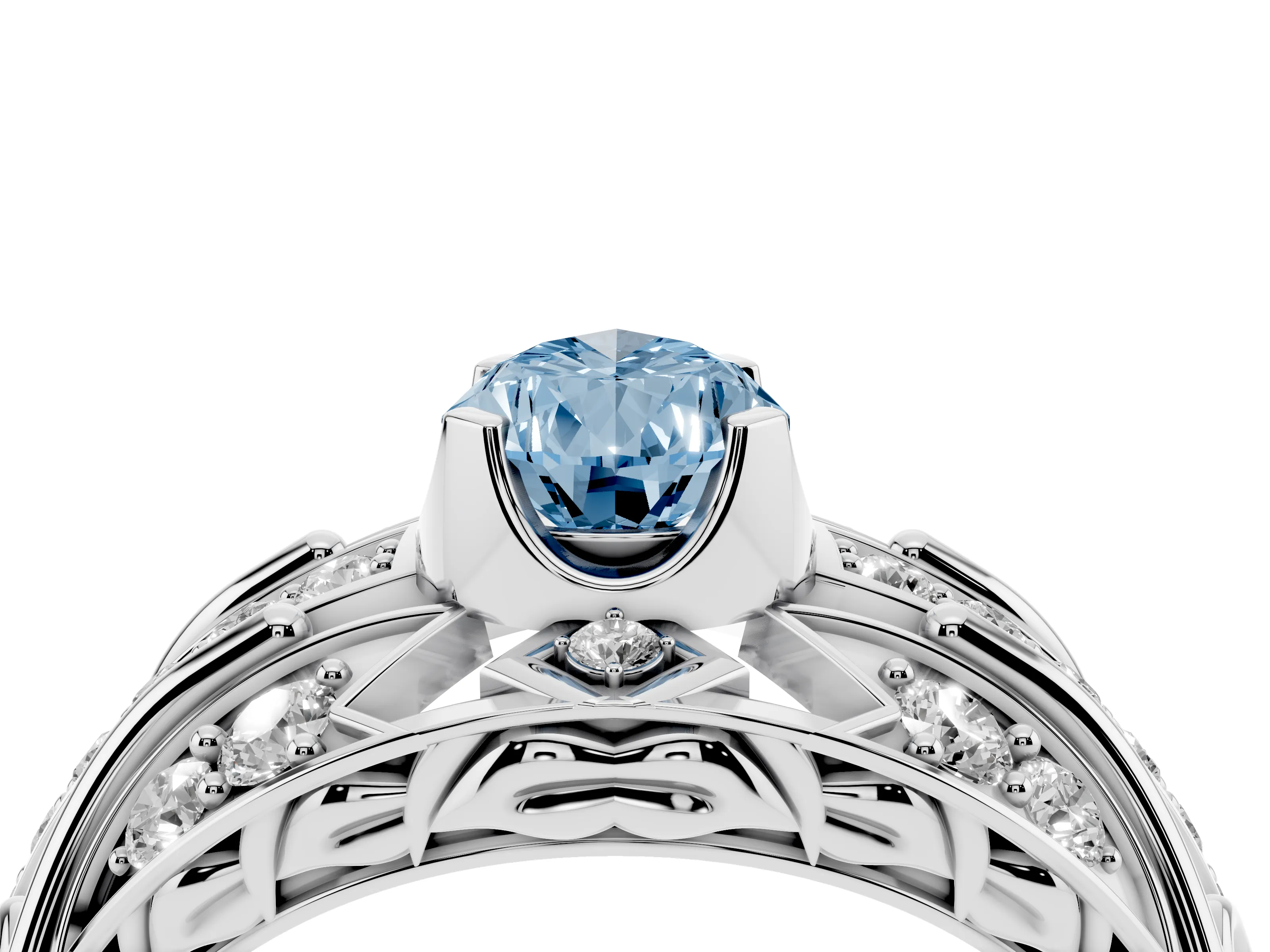 Fancy Blue Pear Cut Diamond Art Deco Ring Set in Platinum with Pavé Split Shank