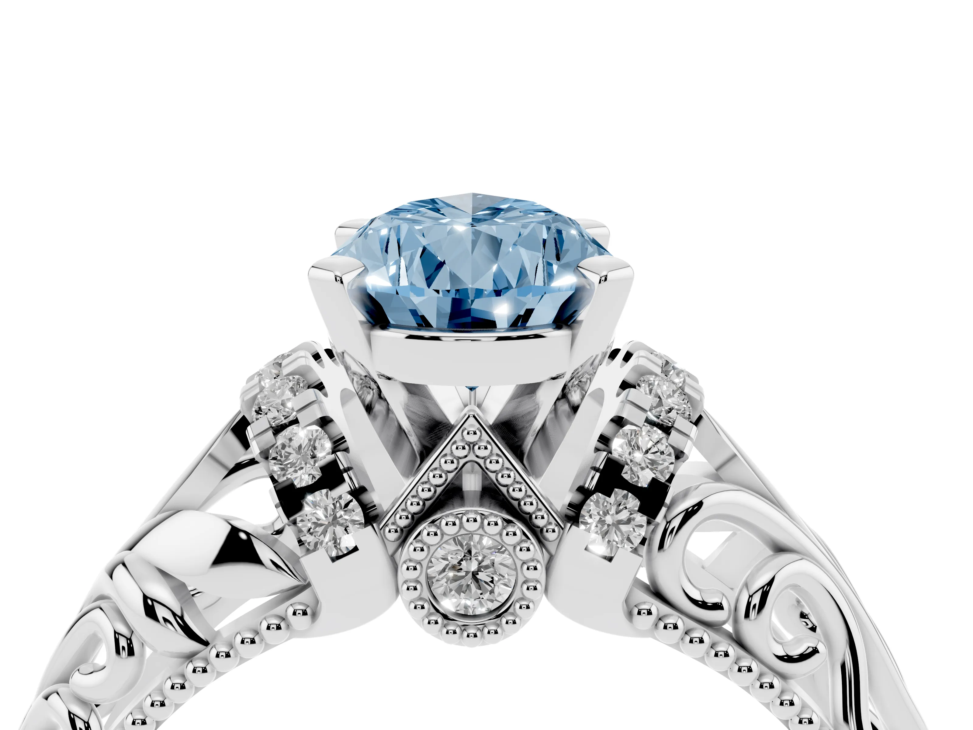 Fancy Blue Pear Cut Diamond Filigree Halo Engagement Ring Set in Silver with Prong Setting