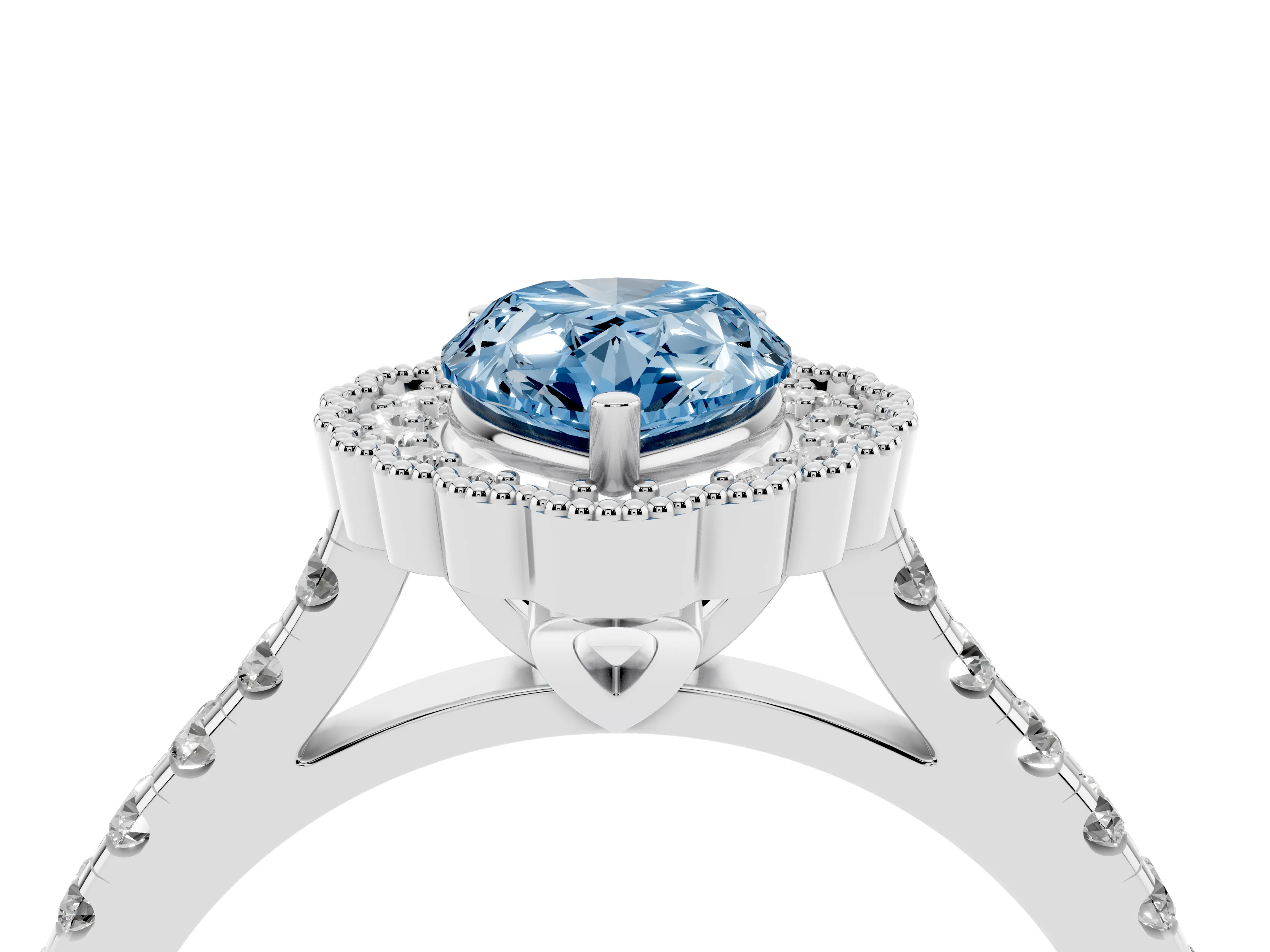 Fancy Blue Pear Cut Diamond Milgrain Floral Halo Engagement Ring Set in Platinum with Pavé Band