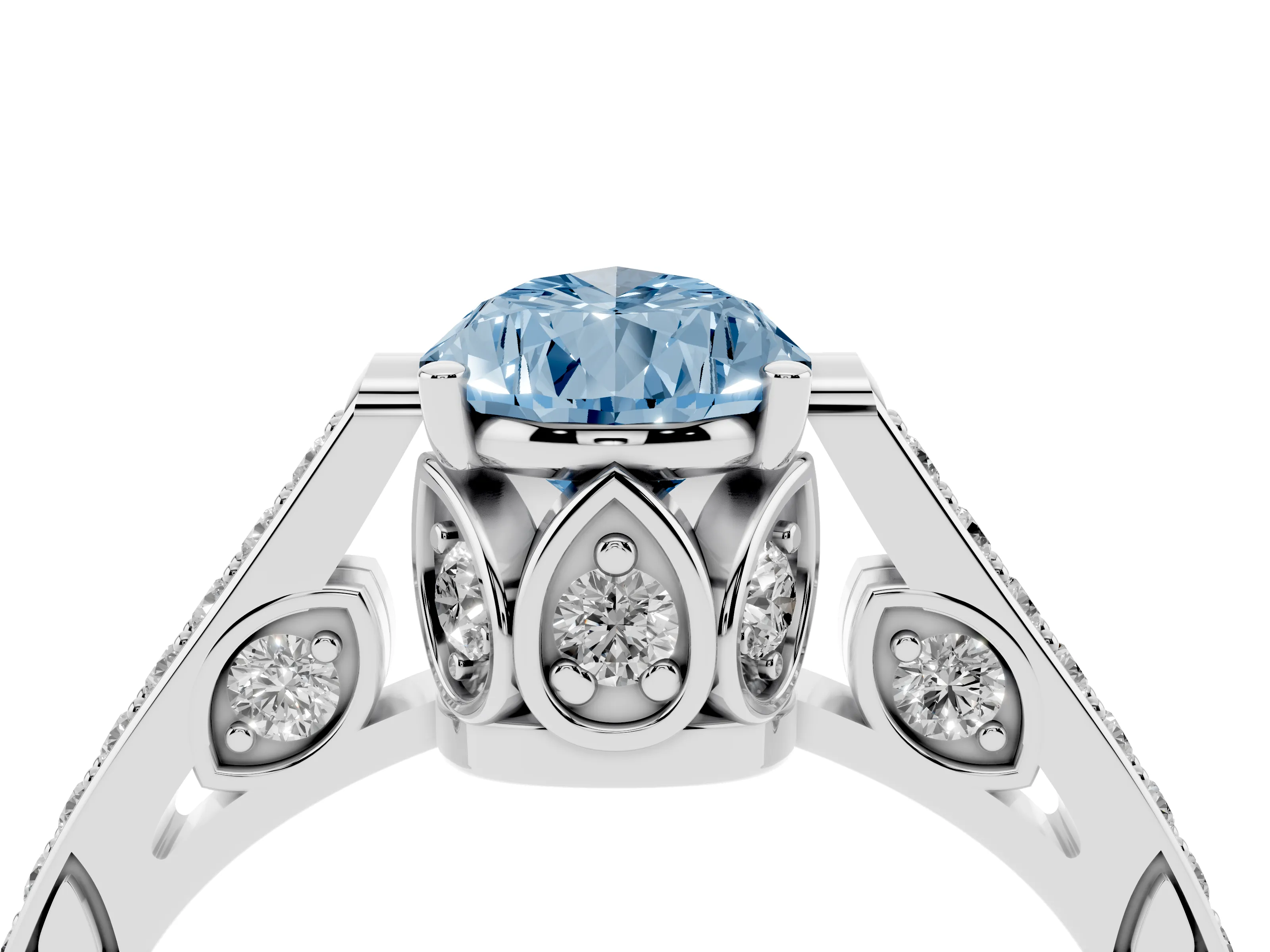 Fancy Blue Pear Cut Diamond Cathedral Pavé Engagement Ring Set in Platinum with Prong Setting