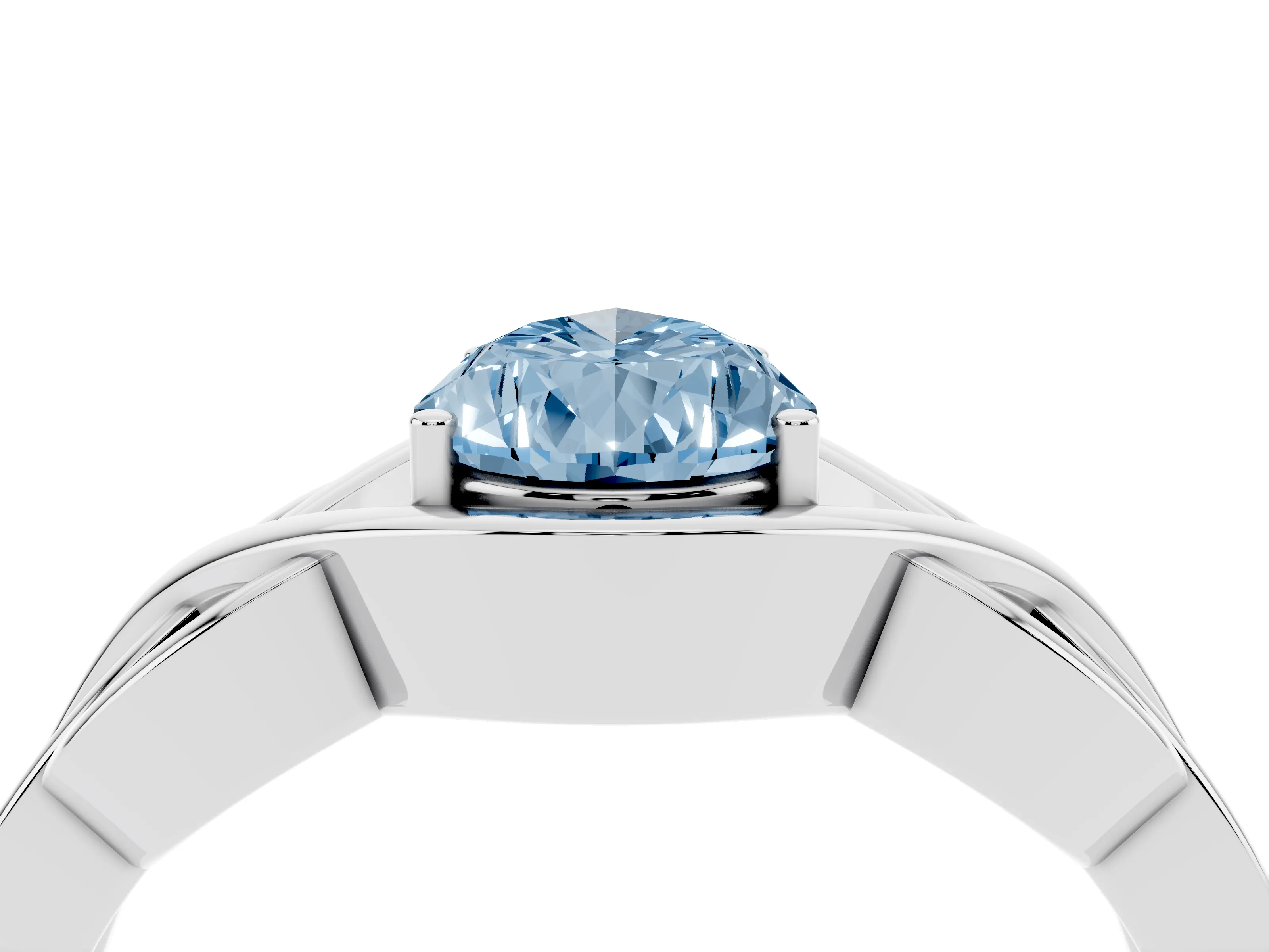 Fancy Blue Pear Cut Diamond Solitaire Ring Set in Platinum with Intertwined Band